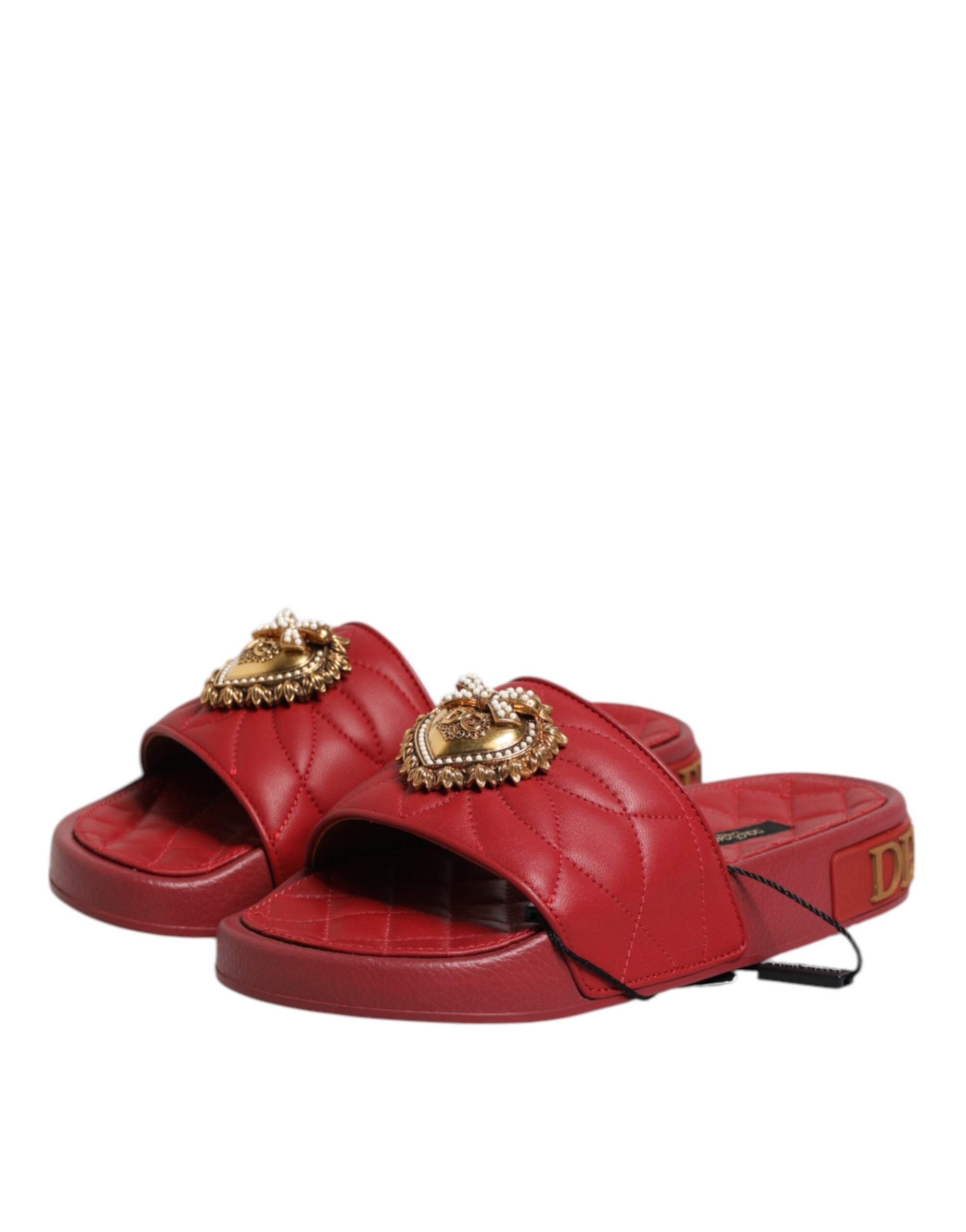 Dolce & Gabbana Red Devotion Quilted Leather Slides Shoes