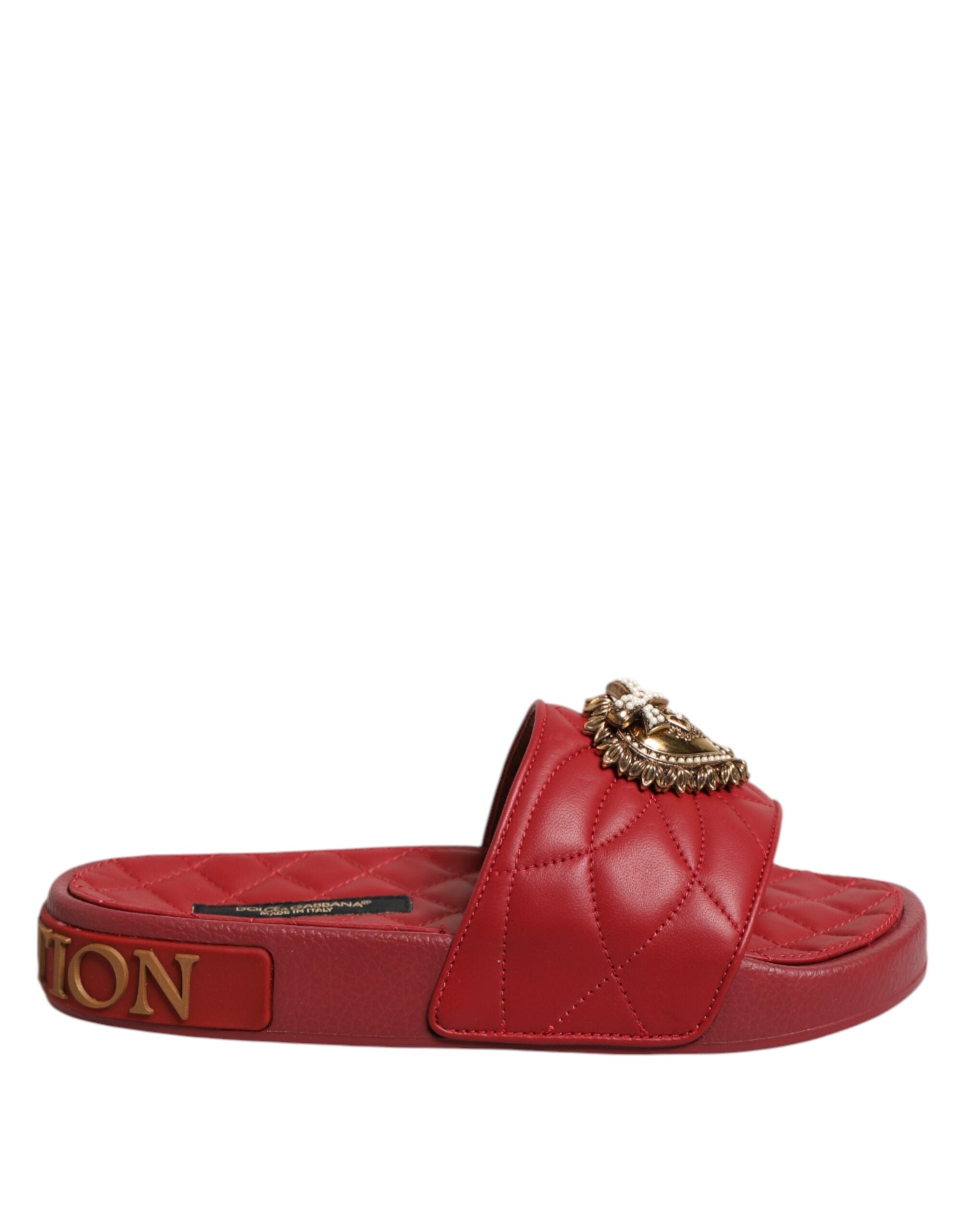 Dolce & Gabbana Red Devotion Quilted Leather Slides Shoes