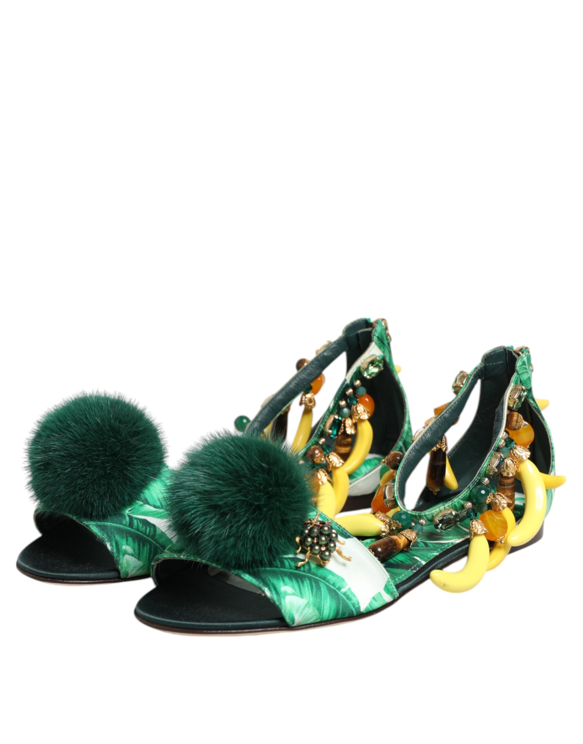 Dolce & Gabbana Groene Nertsbont Satijnen Banaanblad Sandalen Schoenen