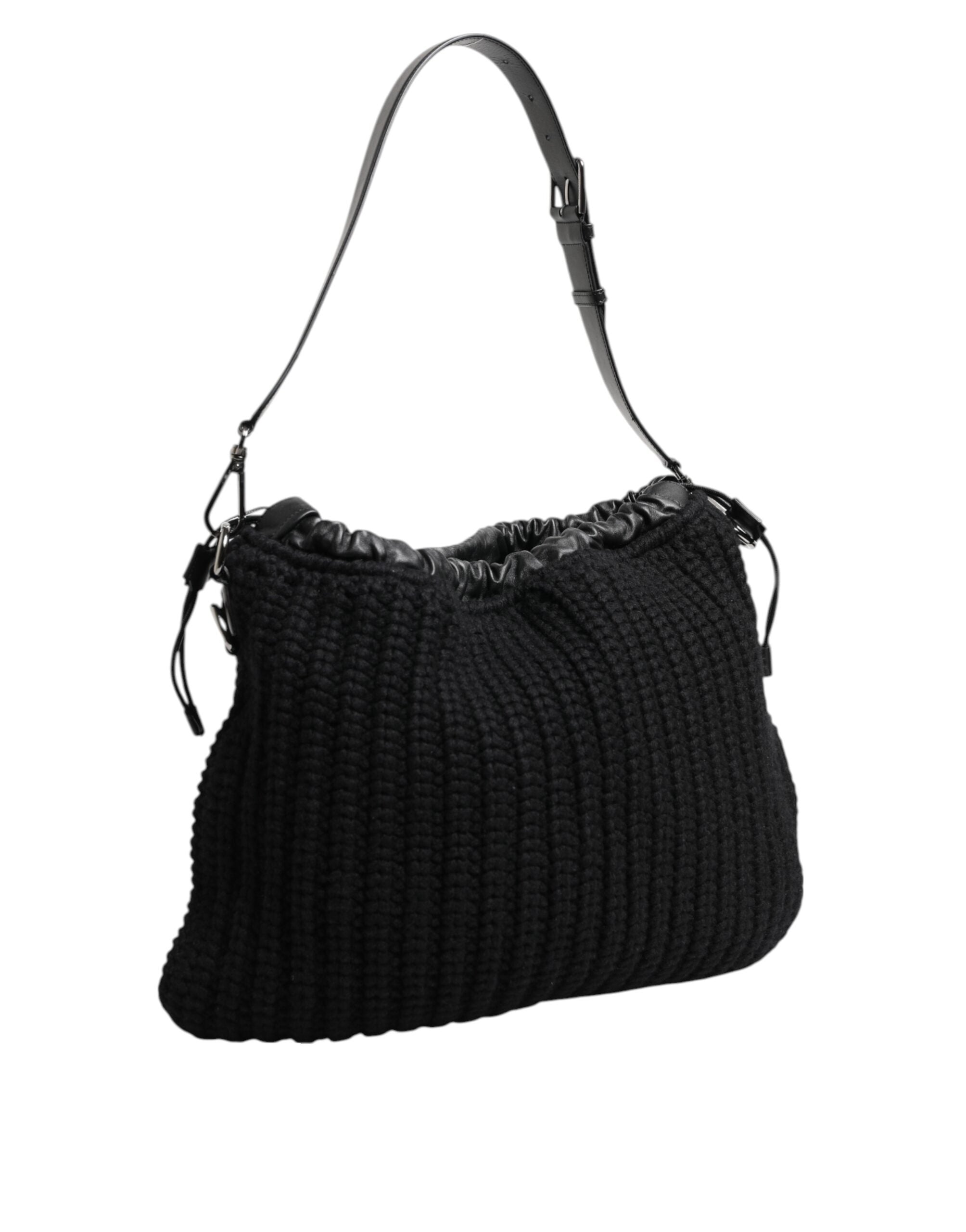 Dolce & Gabbana Black Cashmere Knitted Leather Shoulder Women's Bag