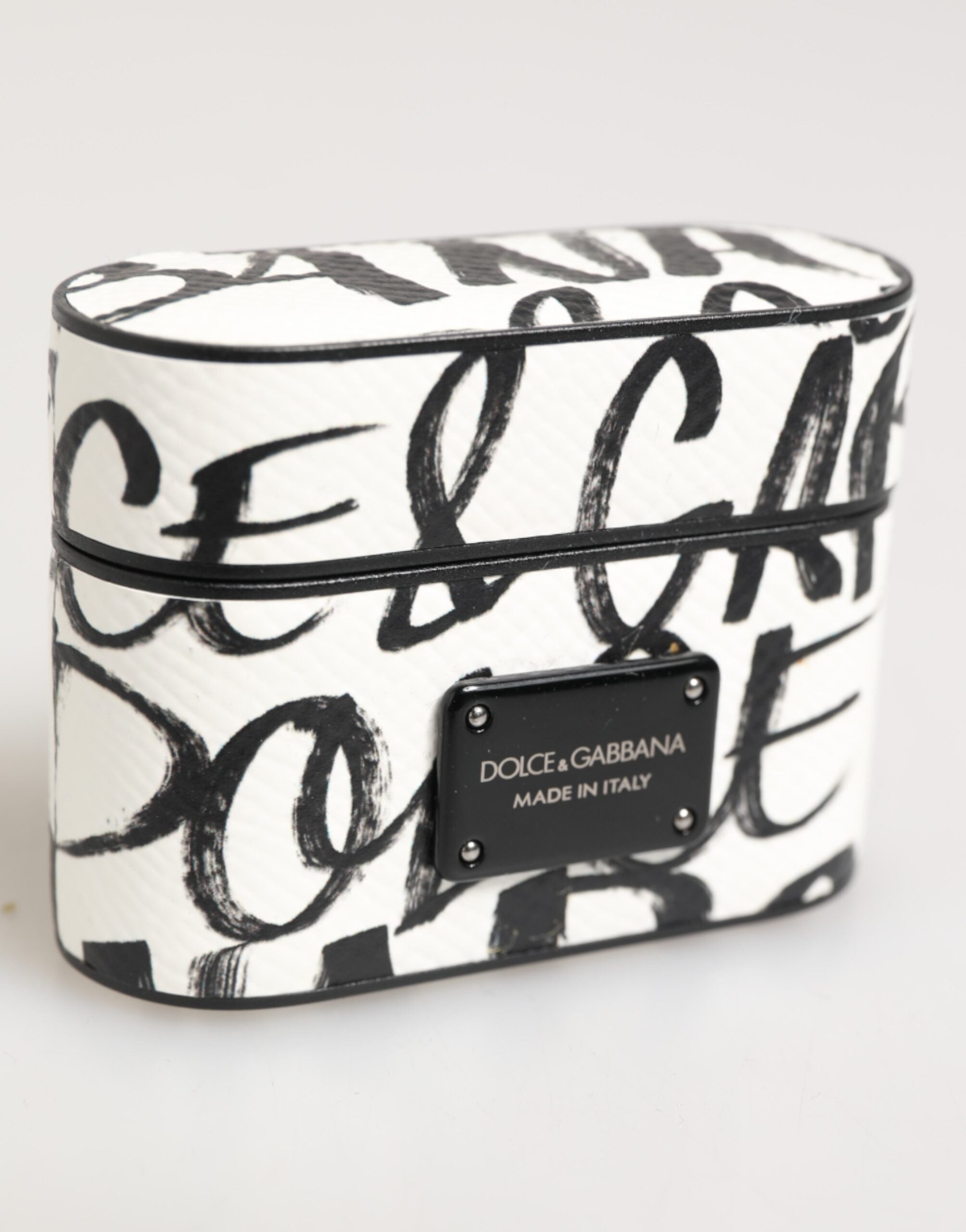 Dolce & Gabbana Black White Leather Monogram Print Logo Holder Airpods Case