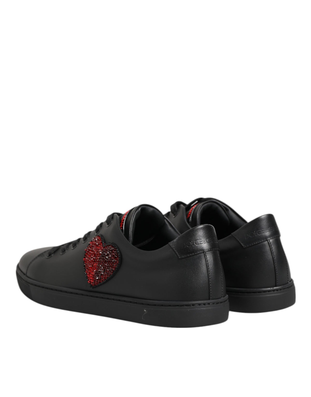 Dolce & Gabbana Black Leather Crystal Heart Low Top Sneakers Shoes