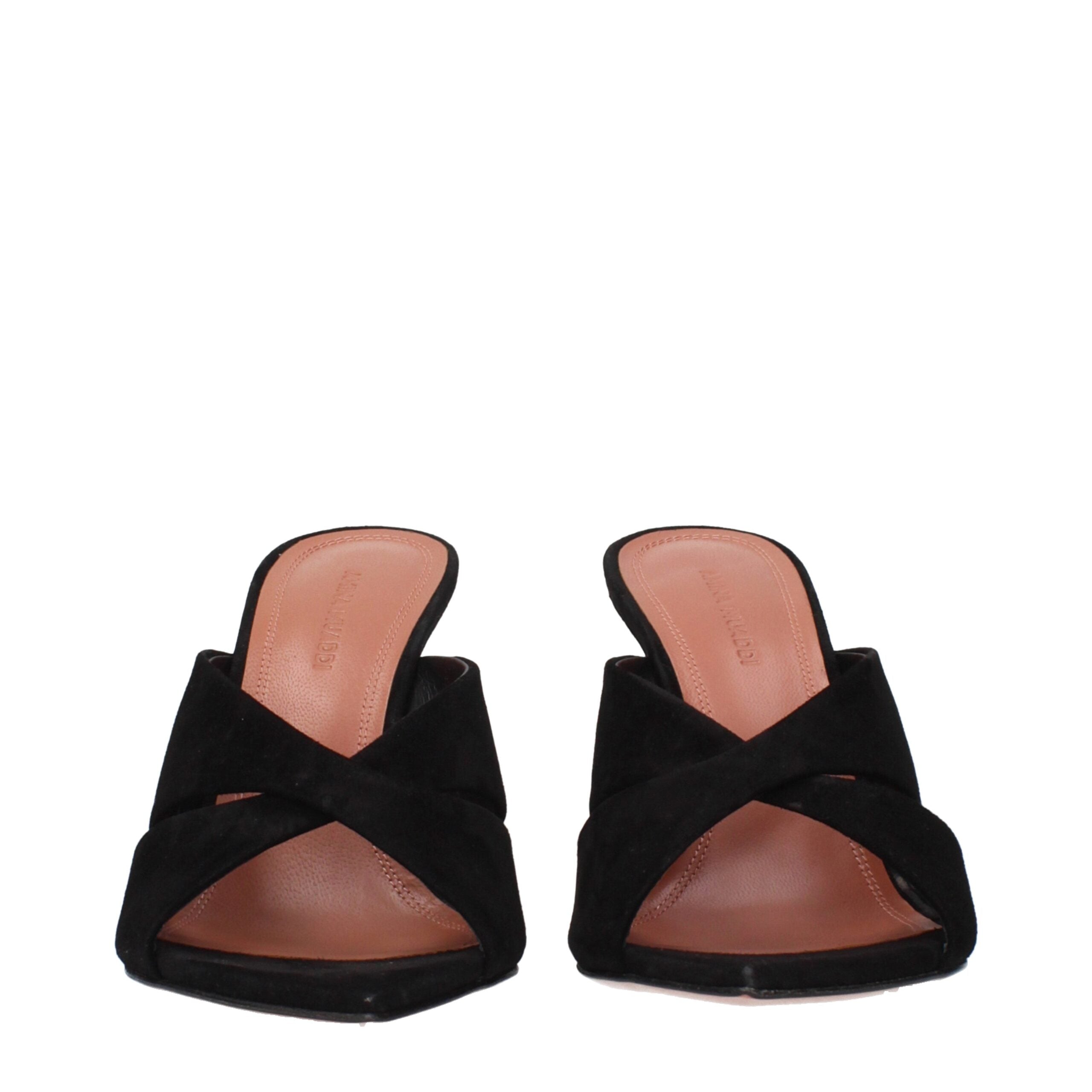 Amina Muaddi Black Leather Stiletto Heel Sandals