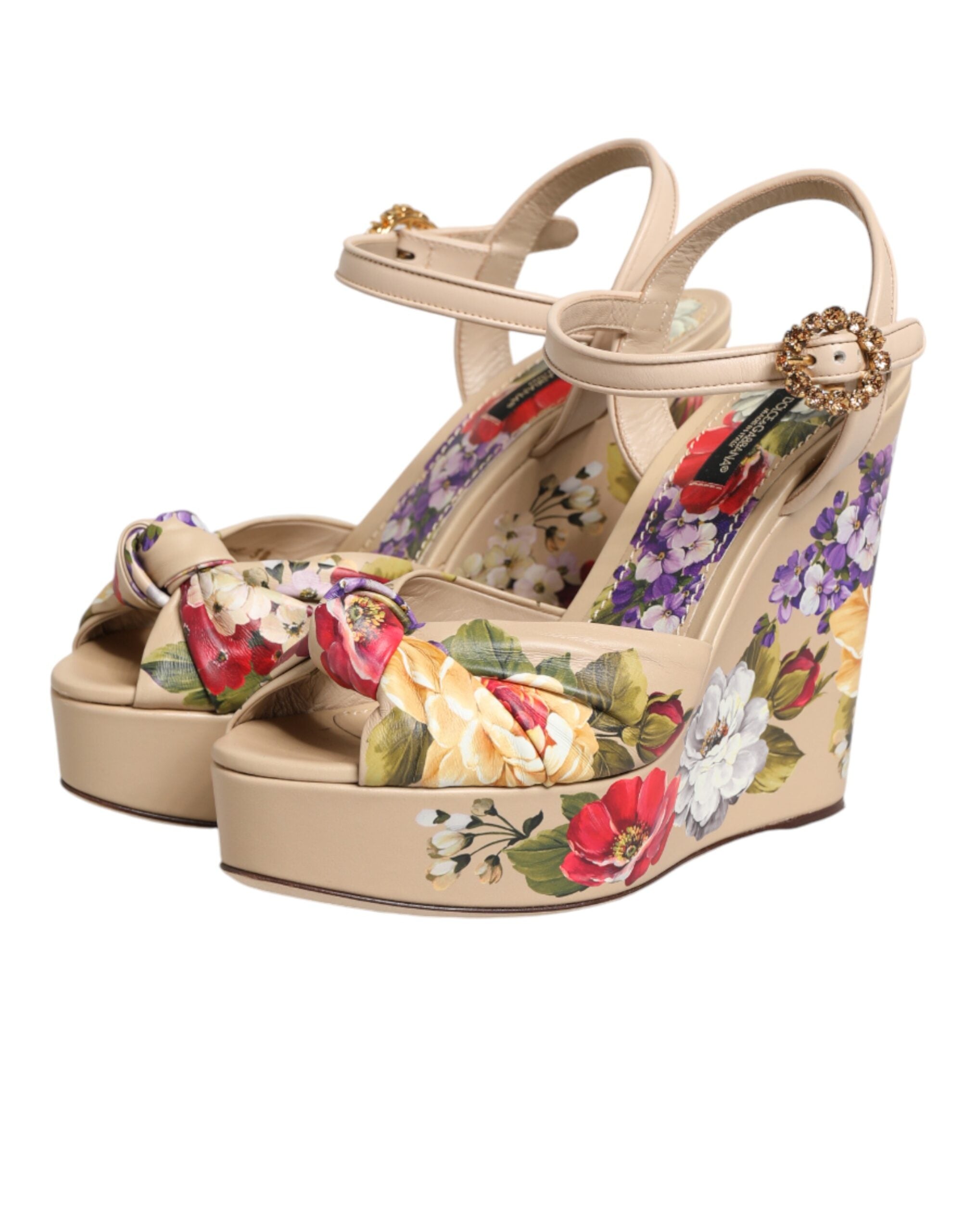 Dolce & Gabbana Beige Bloemen Enkelbandje Plateauzolen Sandalen Schoenen