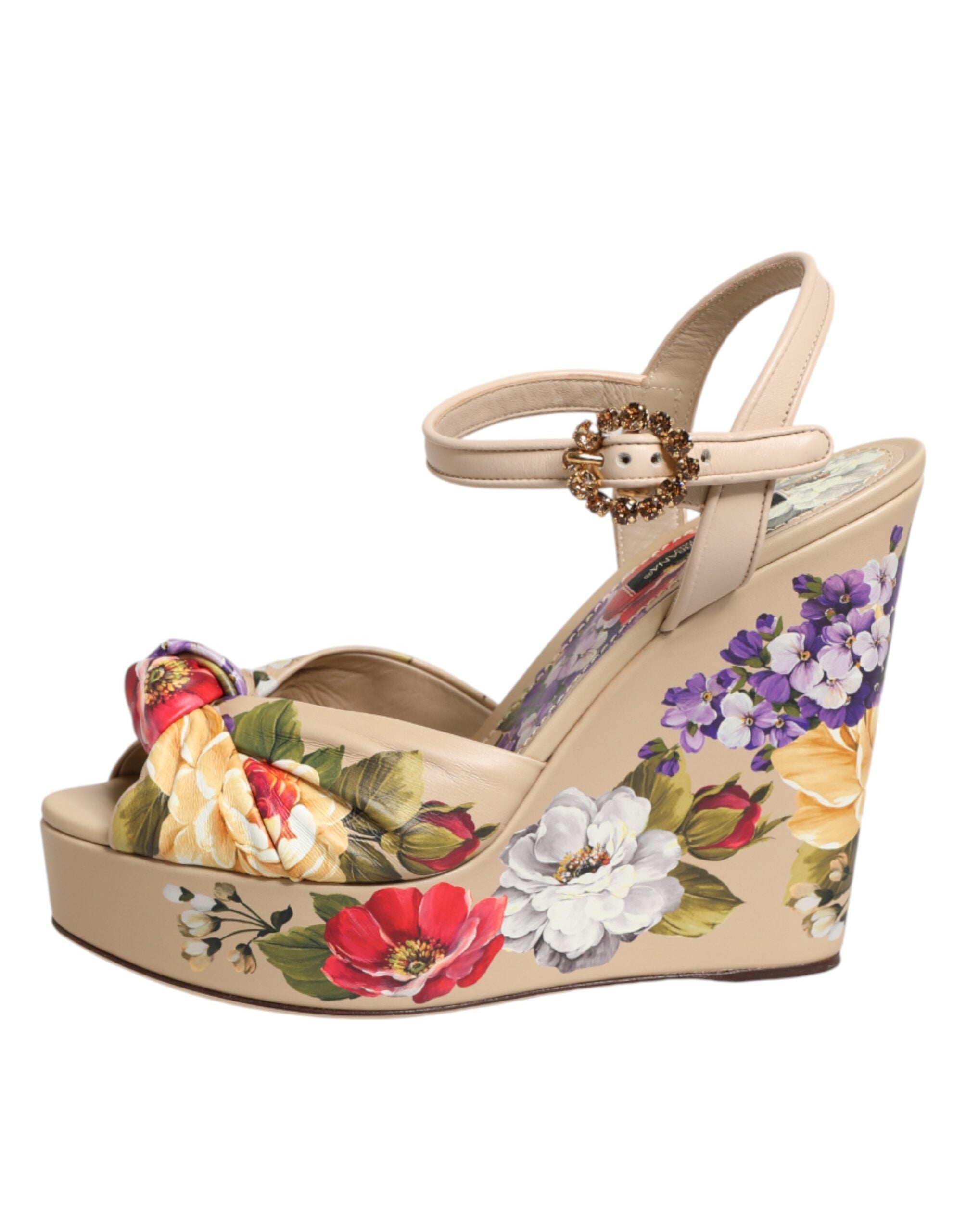 Dolce & Gabbana Beige Bloemen Enkelbandje Plateauzolen Sandalen Schoenen