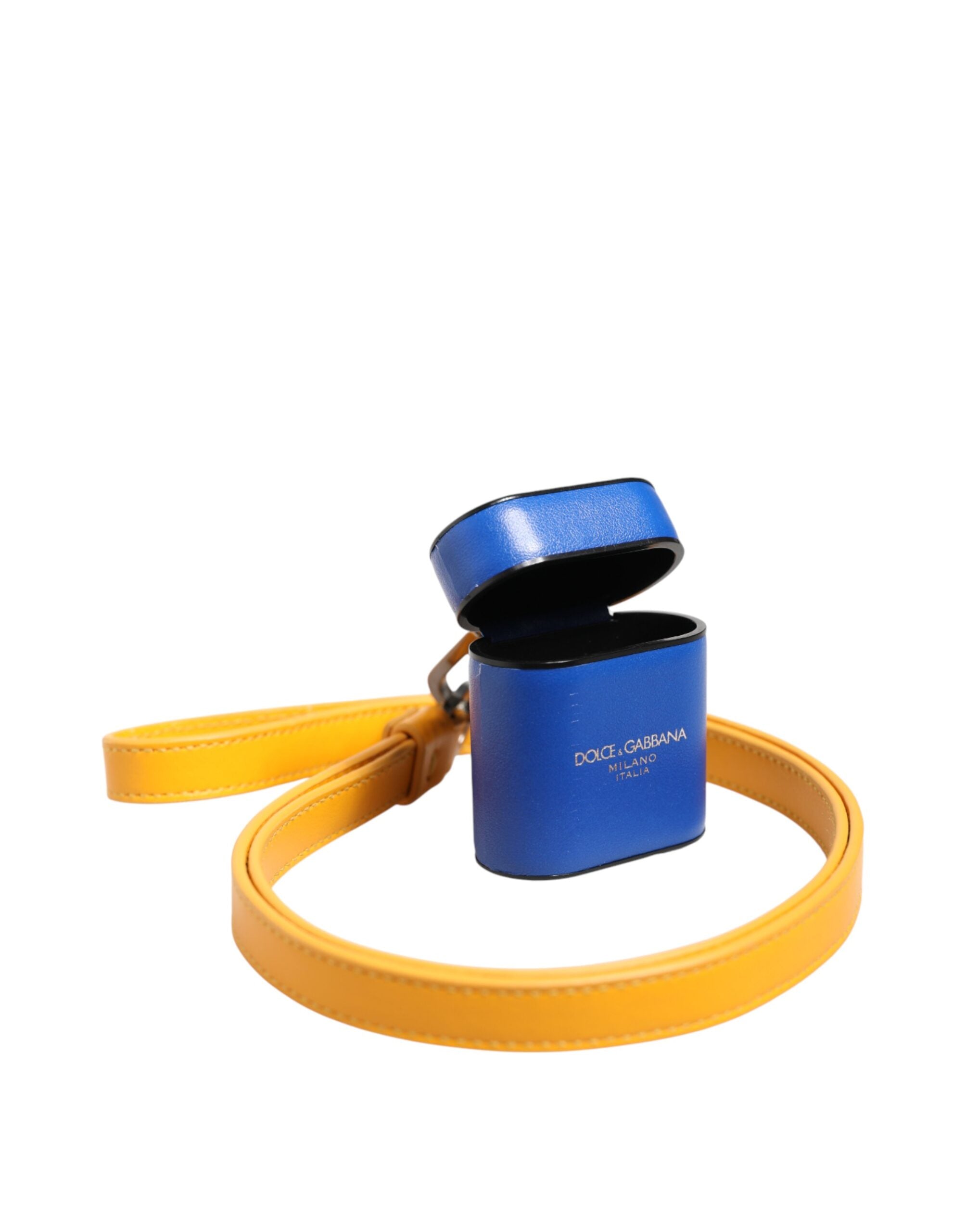 Dolce & Gabbana Blue Yellow Calfskin Leather Logo Strap Men Airpods Case