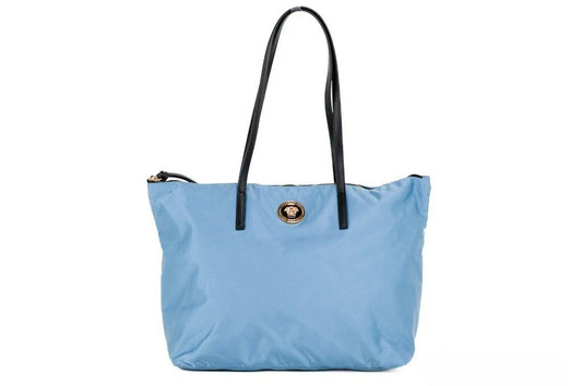 Versace Portuna Medusa Medium Korenbloemblauwe Nylon Leren Shopper Tas Handtas