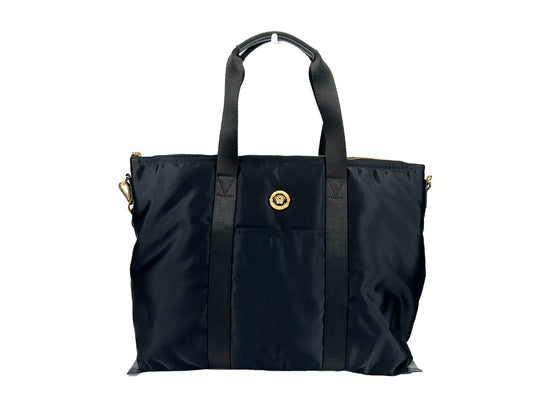 Versace Zwarte Nylon Stoffen La Medusa Schouder Tote Tas