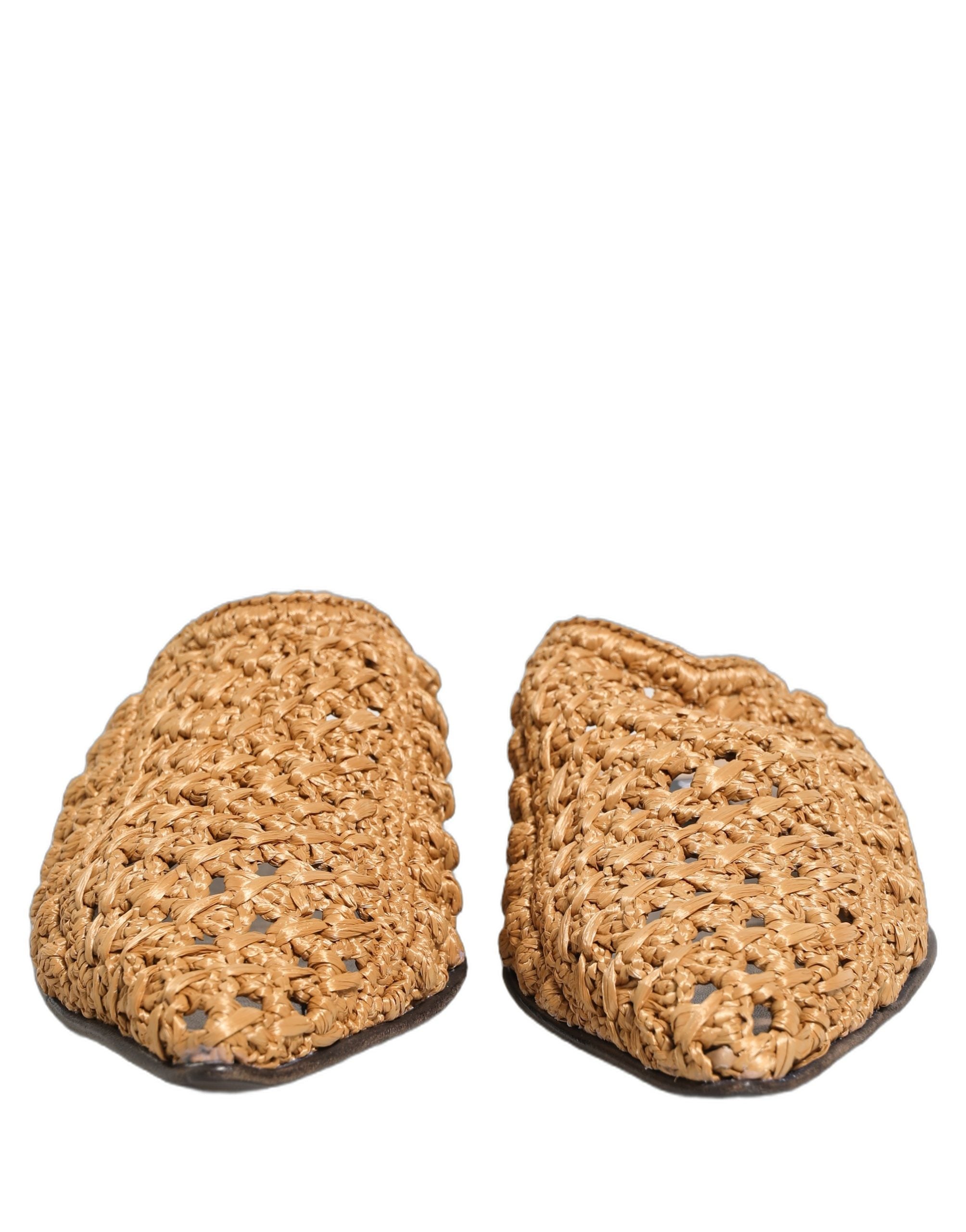 Dolce & Gabbana Beige Woven Straw Slide Sandals Flats Shoes
