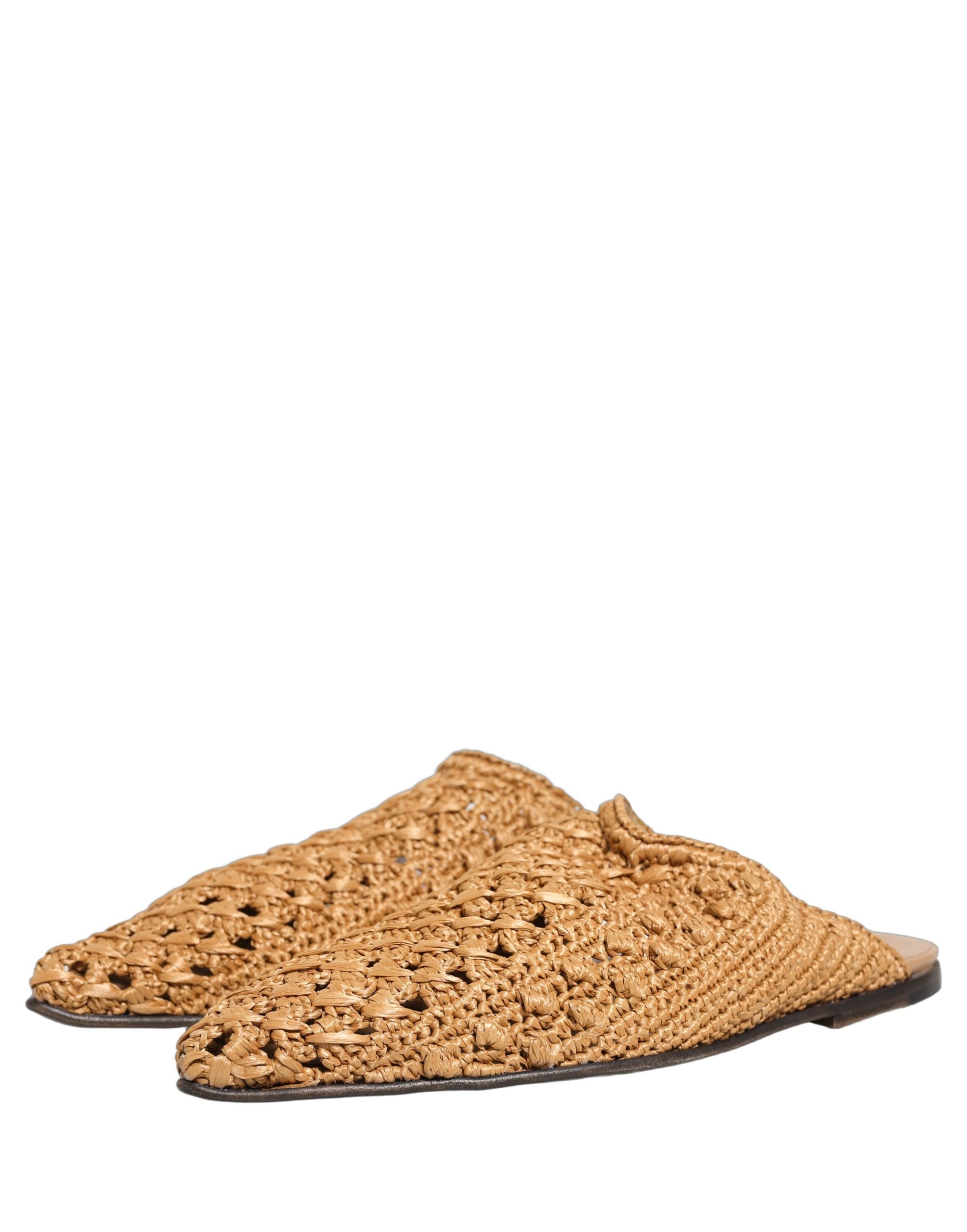 Dolce & Gabbana Beige Woven Straw Slide Sandals Flats Shoes