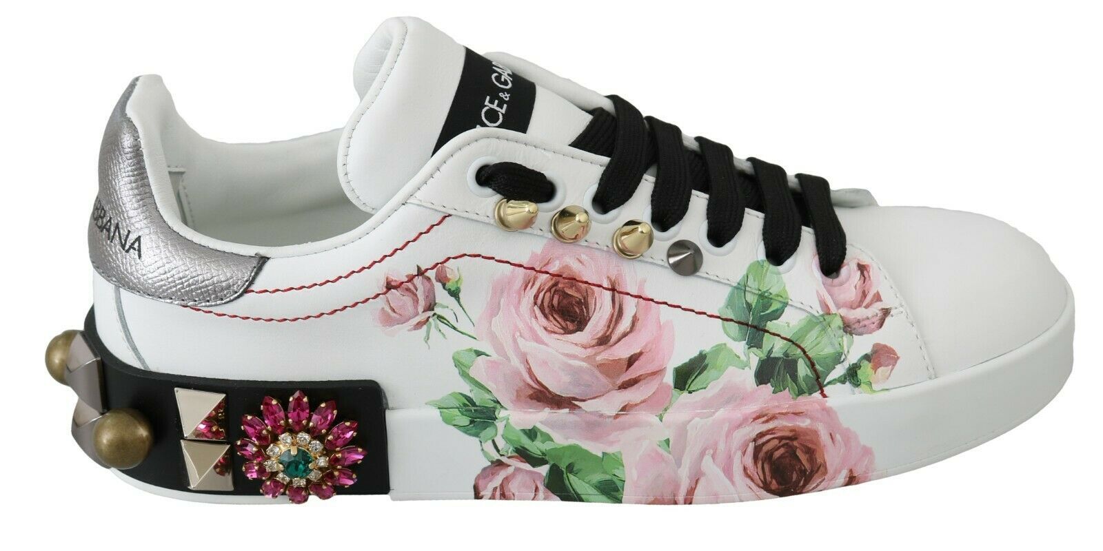 Dolce & Gabbana White Leather Crystal Rose Floral Sneakers Shoes