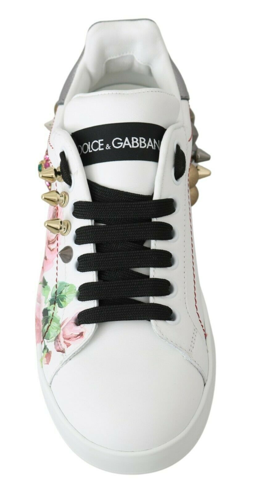 Dolce & Gabbana White Leather Crystal Rose Floral Sneakers Shoes