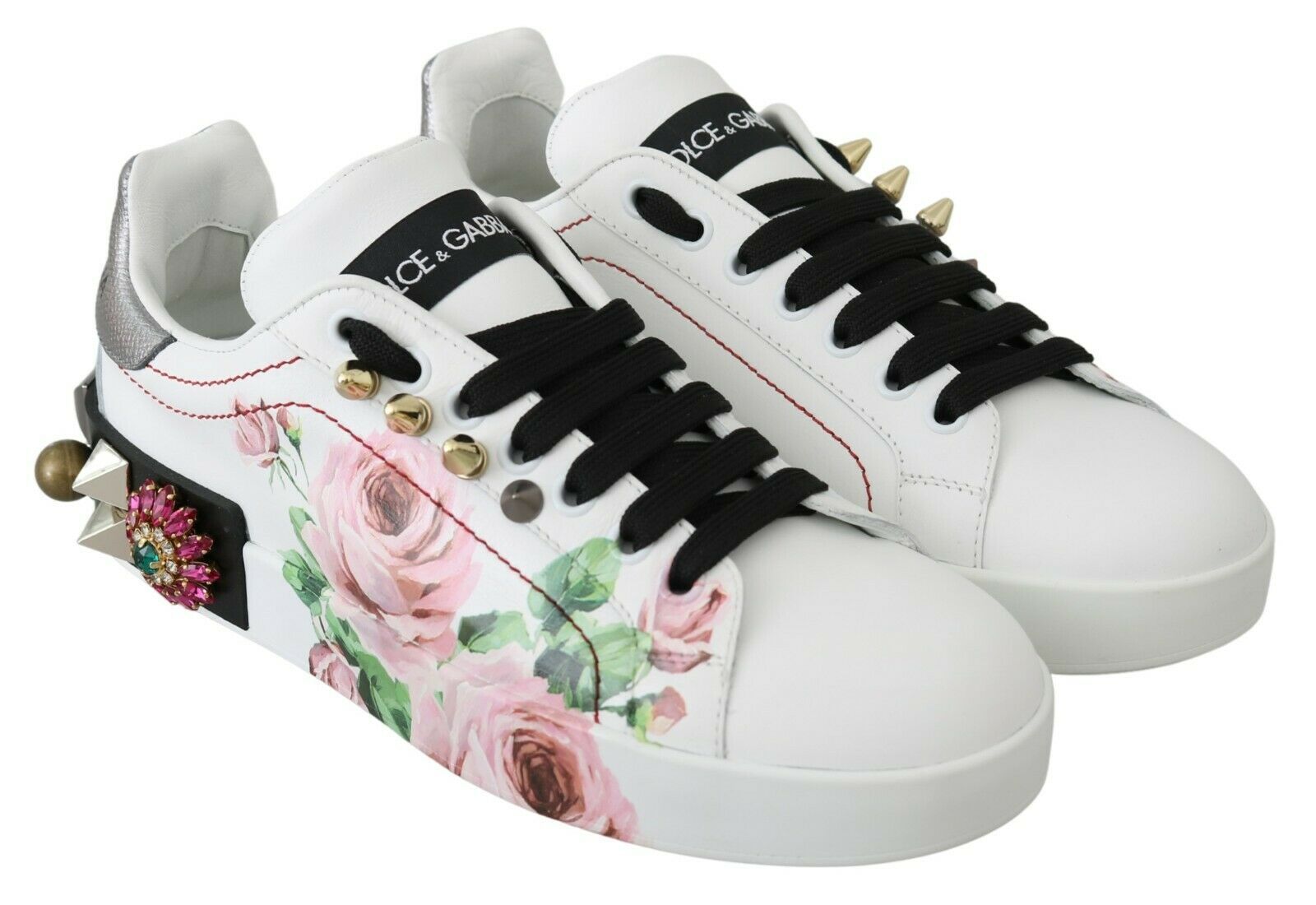 Dolce & Gabbana White Leather Crystal Rose Floral Sneakers Shoes