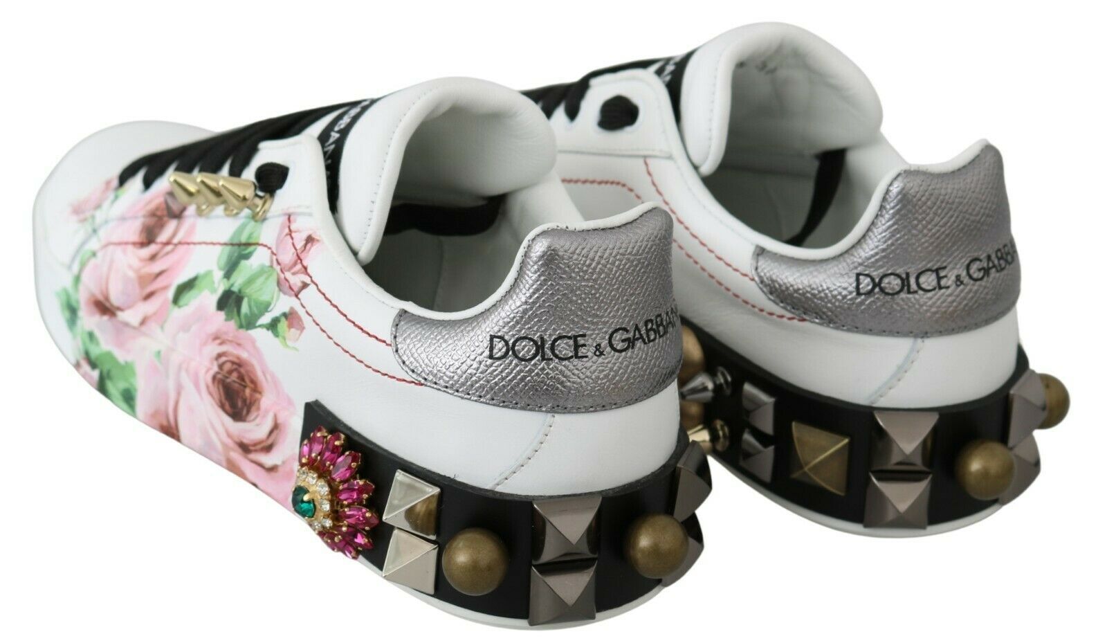 Dolce & Gabbana White Leather Crystal Rose Floral Sneakers Shoes