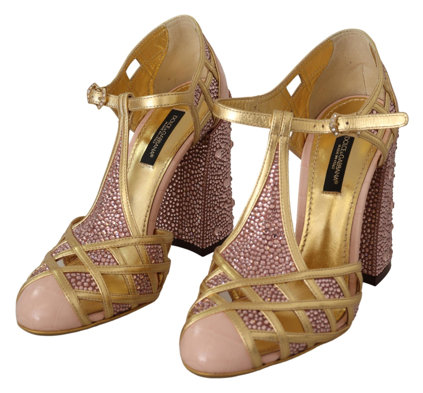 Dolce & Gabbana Pink Gold Leather Crystal T-strap Pumps