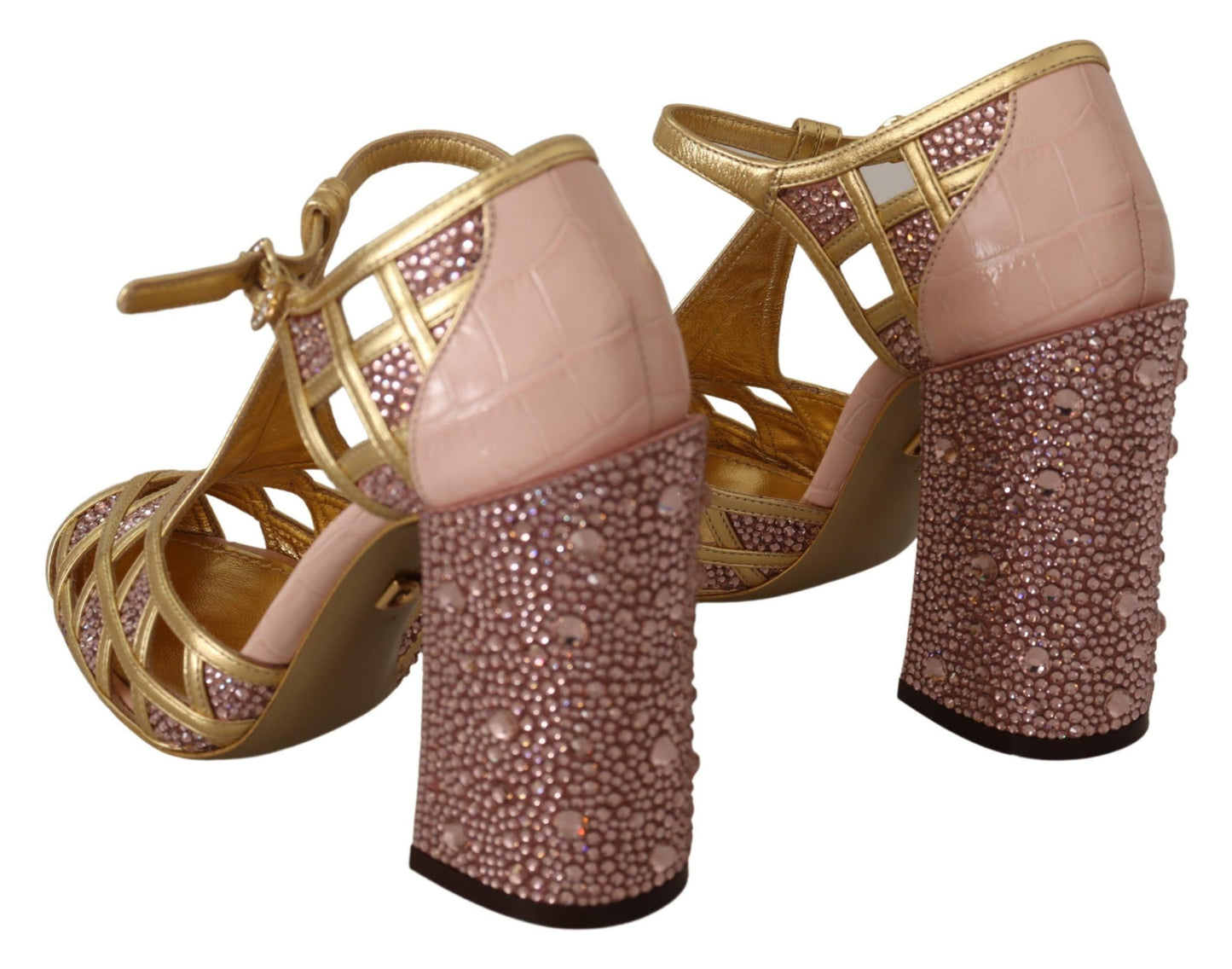 Dolce & Gabbana Pink Gold Leather Crystal T-strap Pumps