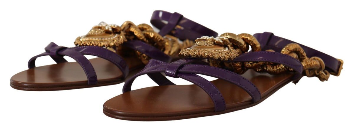 Dolce & Gabbana Purple Leather Devotion Flat Sandals Shoes