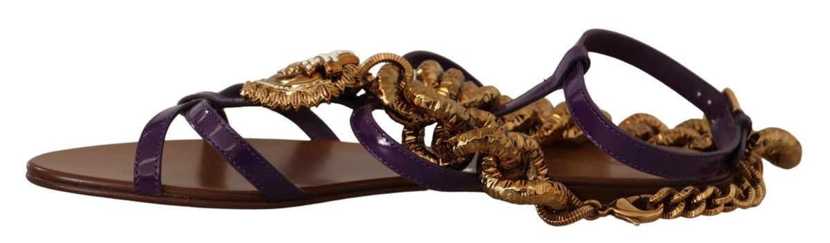 Dolce & Gabbana Purple Leather Devotion Flat Sandals Shoes