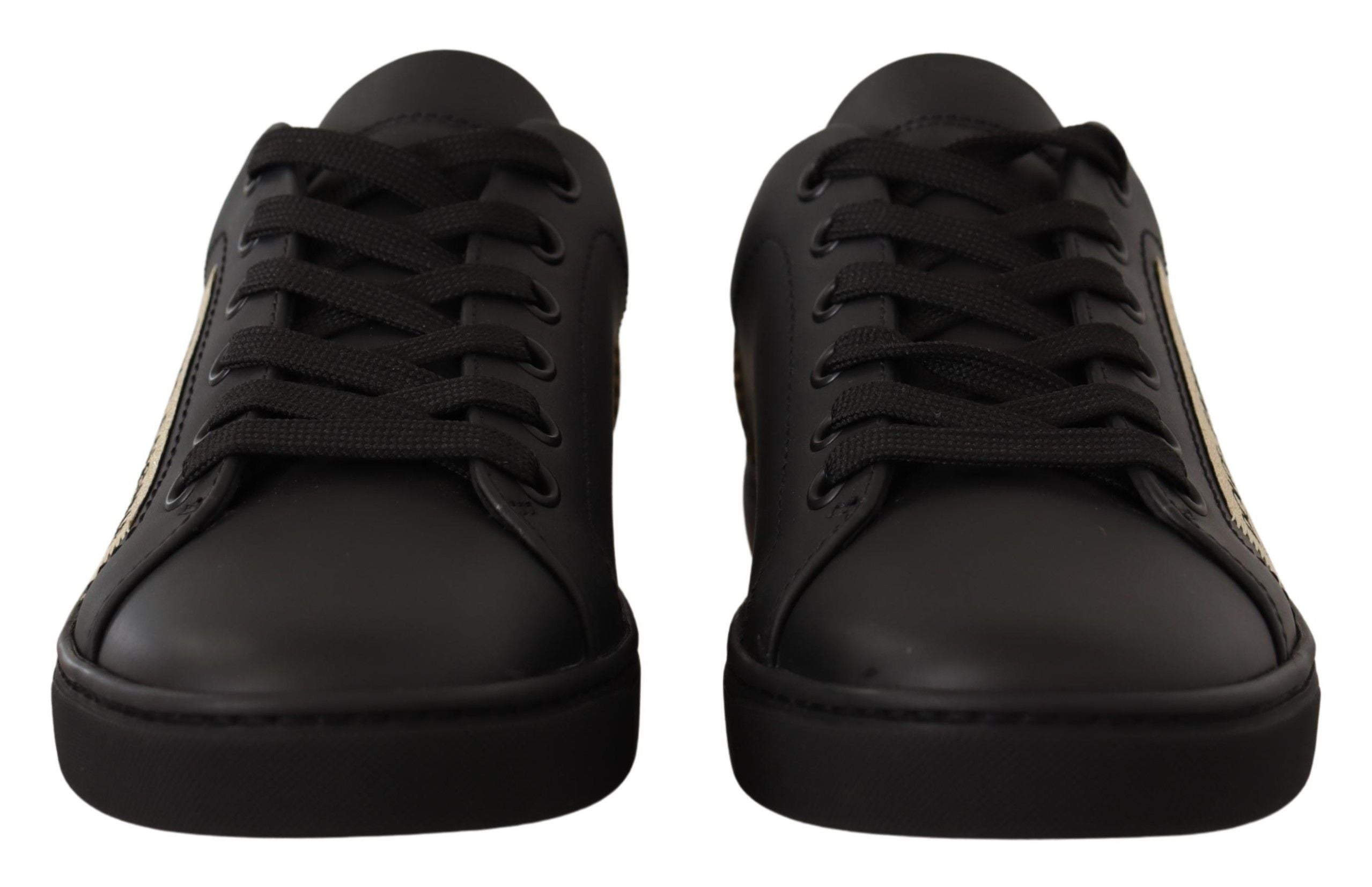 Dolce & Gabbana Black Gold Leather Low Top Sneakers Women's Shoes