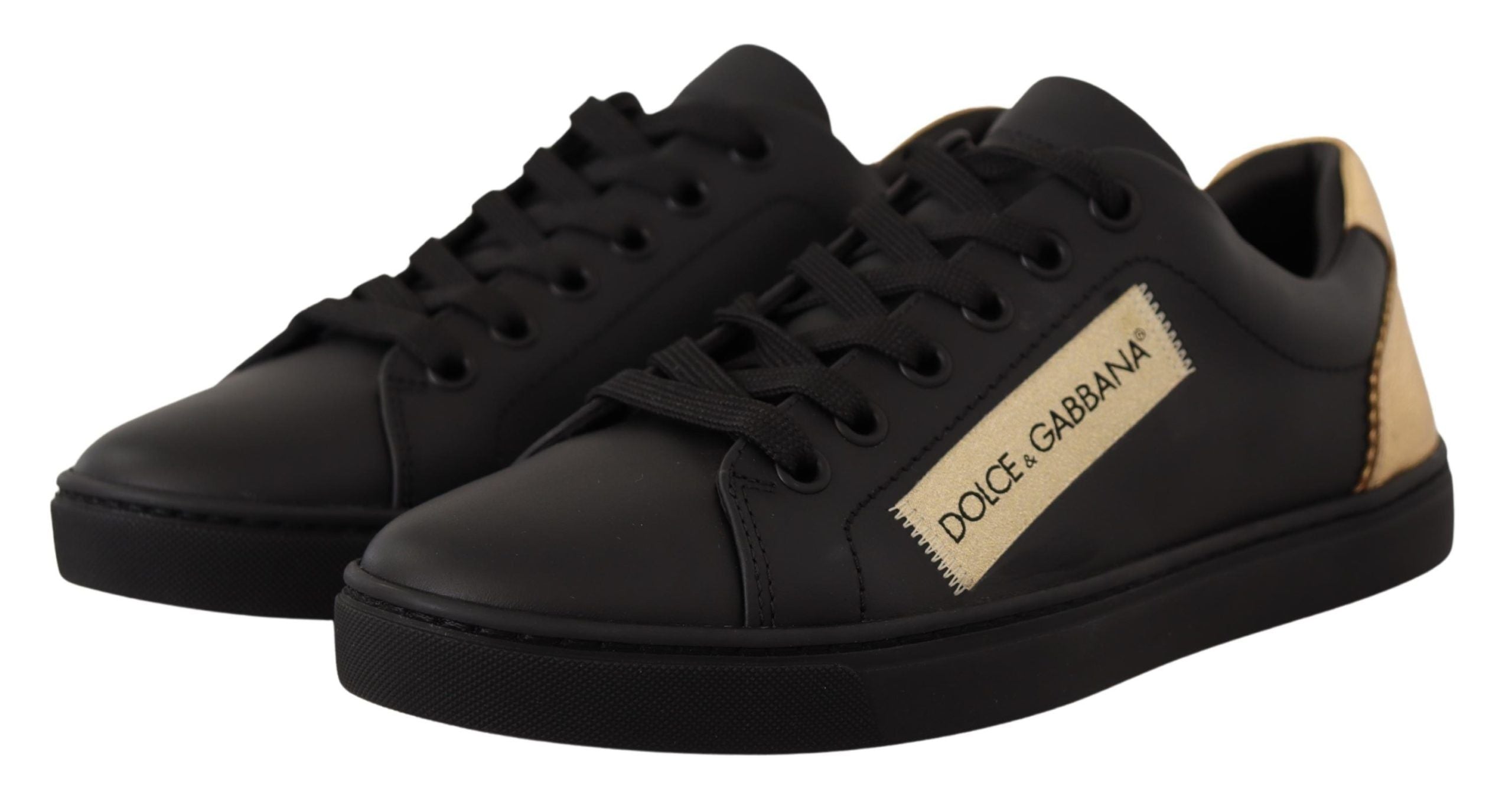 Dolce & Gabbana Black Gold Leather Low Top Sneakers Women's Shoes
