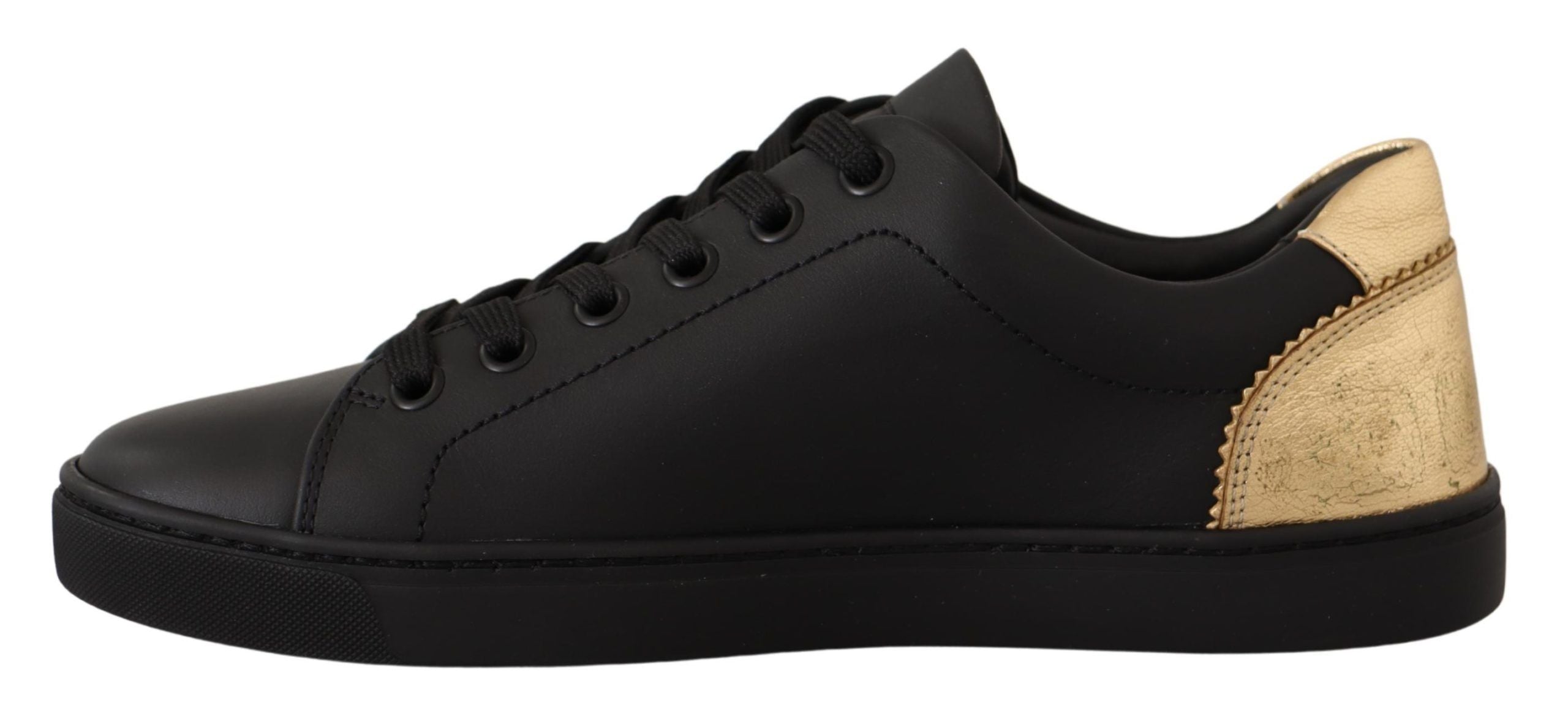 Dolce & Gabbana Black Gold Leather Low Top Sneakers Women's Shoes