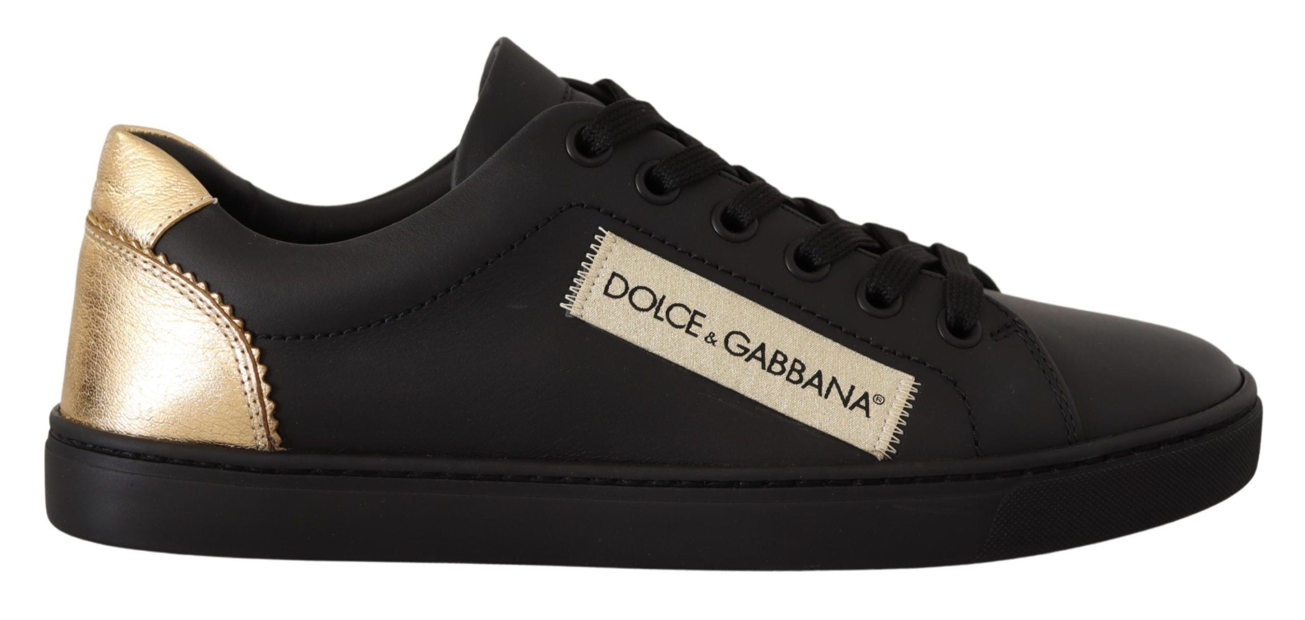 Dolce & Gabbana Black Gold Leather Low Top Sneakers Women's Shoes