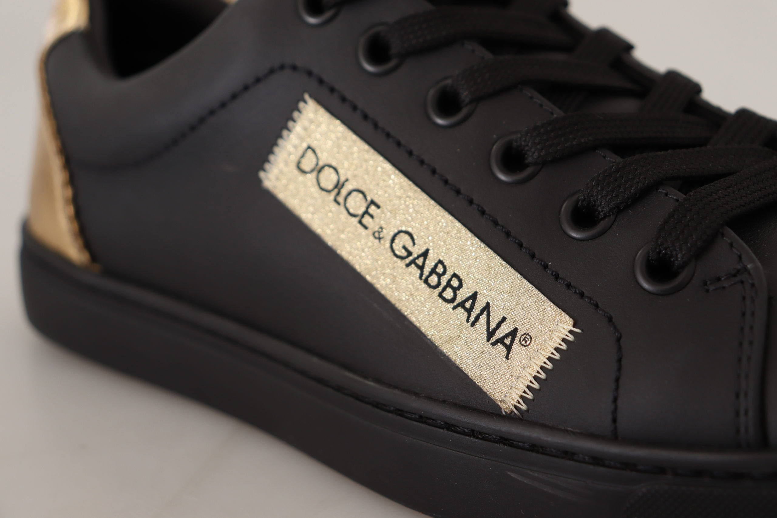 Dolce & Gabbana Black Gold Leather Low Top Sneakers Women's Shoes