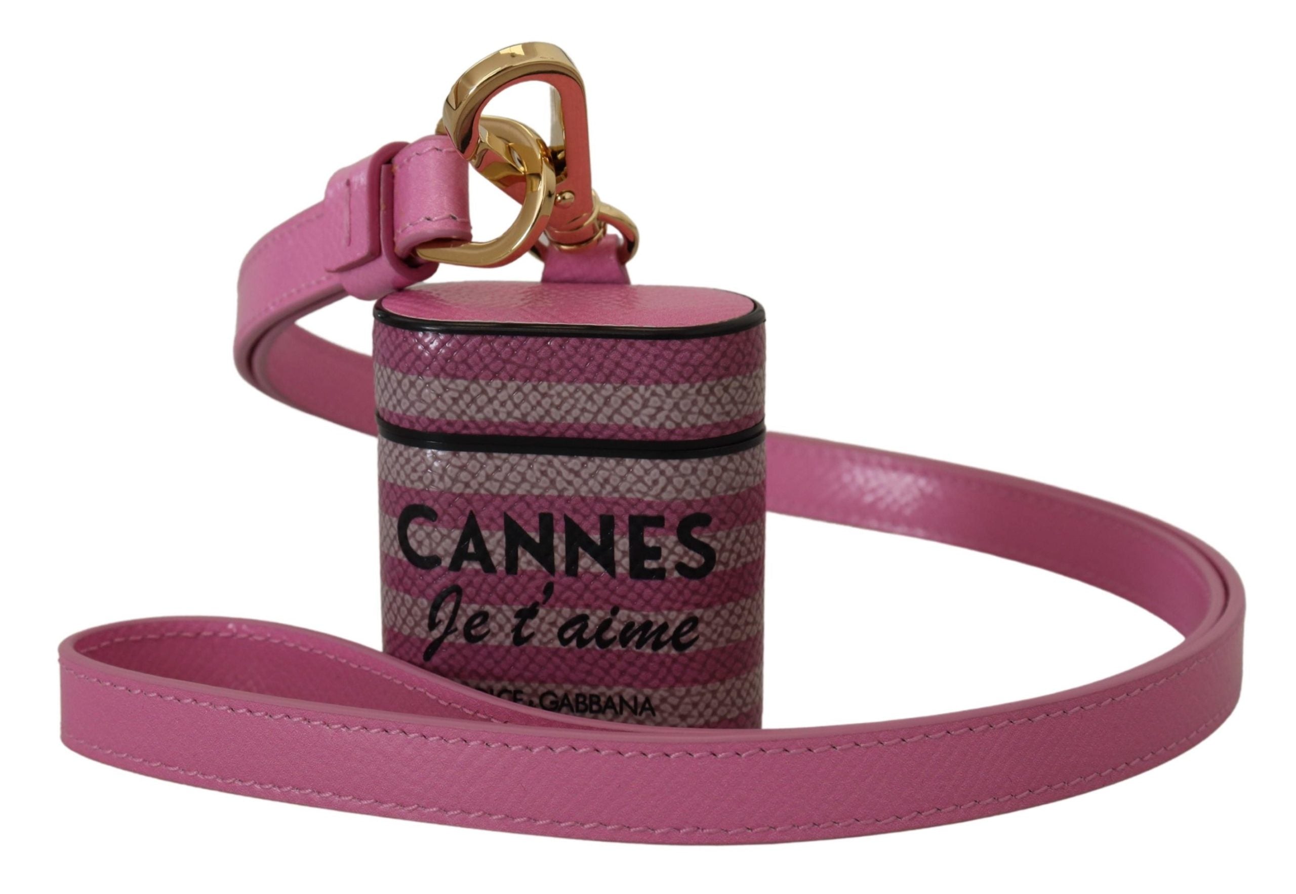 Dolce & Gabbana Roze Zwart Lederen Band Gouden Metalen Logo Airpods Hoesje