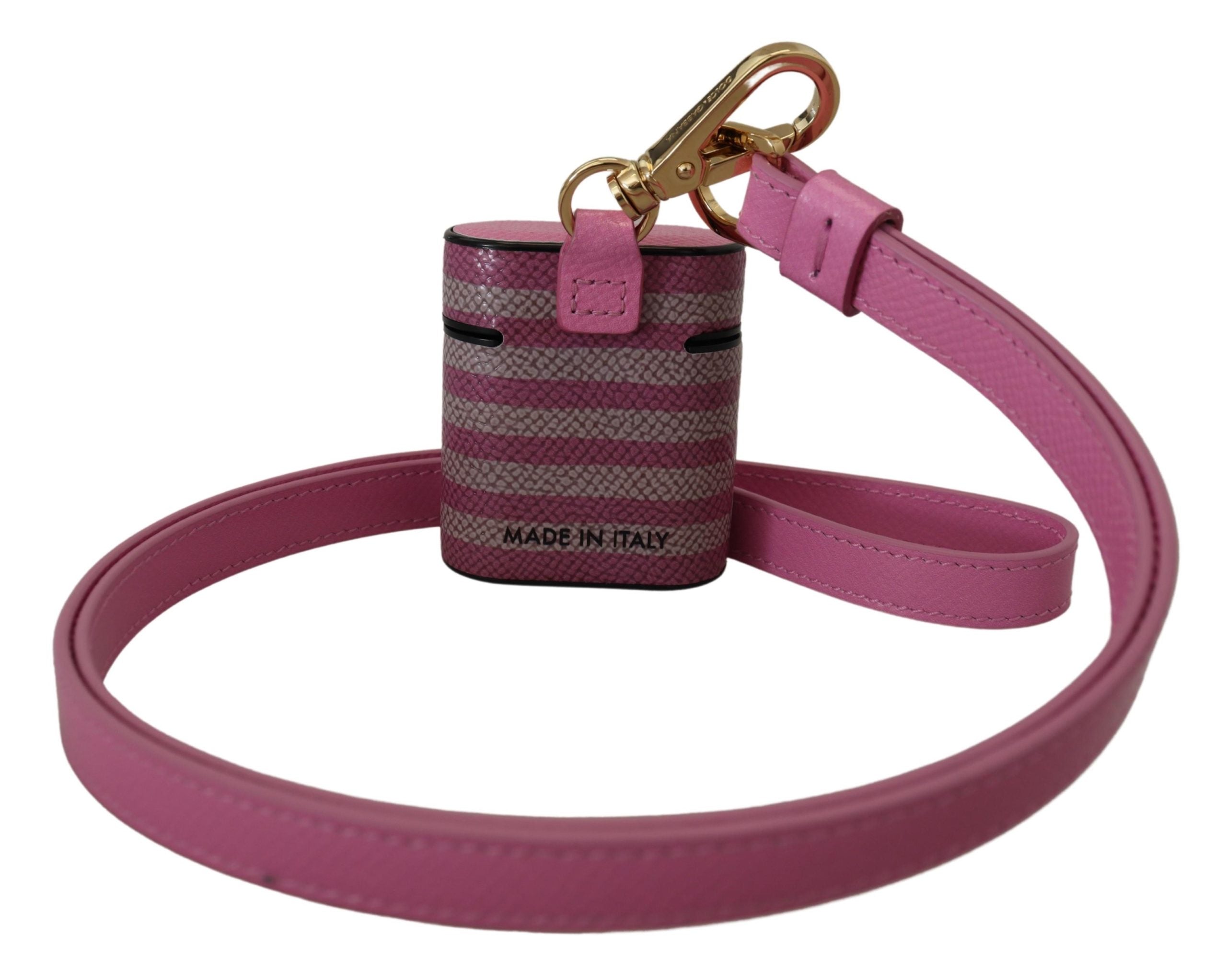 Dolce & Gabbana Roze Zwart Lederen Band Gouden Metalen Logo Airpods Hoesje