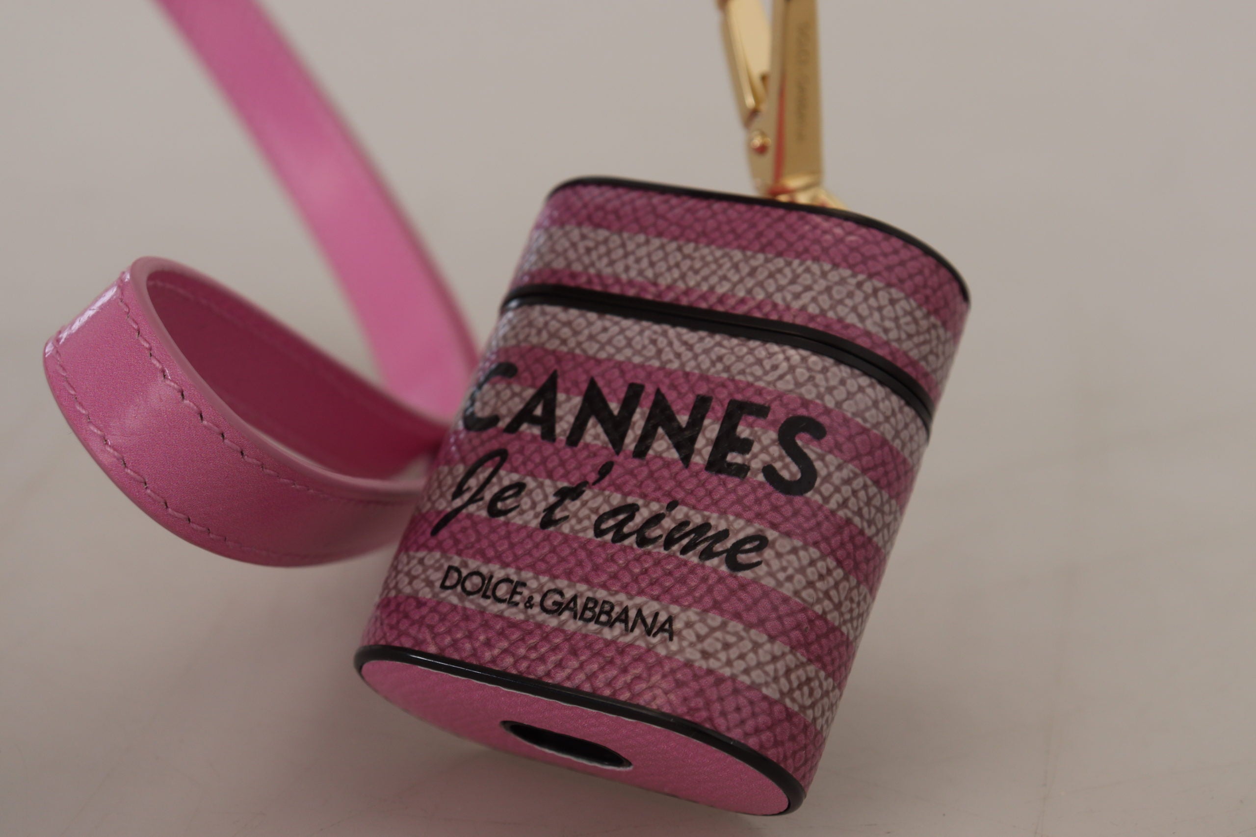 Dolce & Gabbana Roze Zwart Lederen Band Gouden Metalen Logo Airpods Hoesje