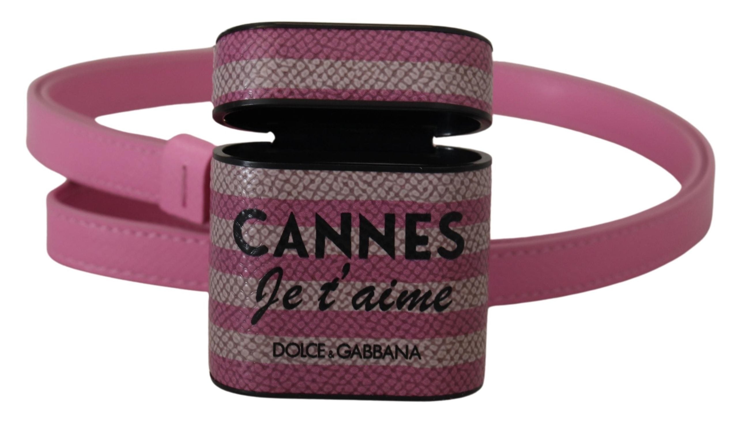 Dolce & Gabbana Roze Zwart Lederen Band Gouden Metalen Logo Airpods Hoesje