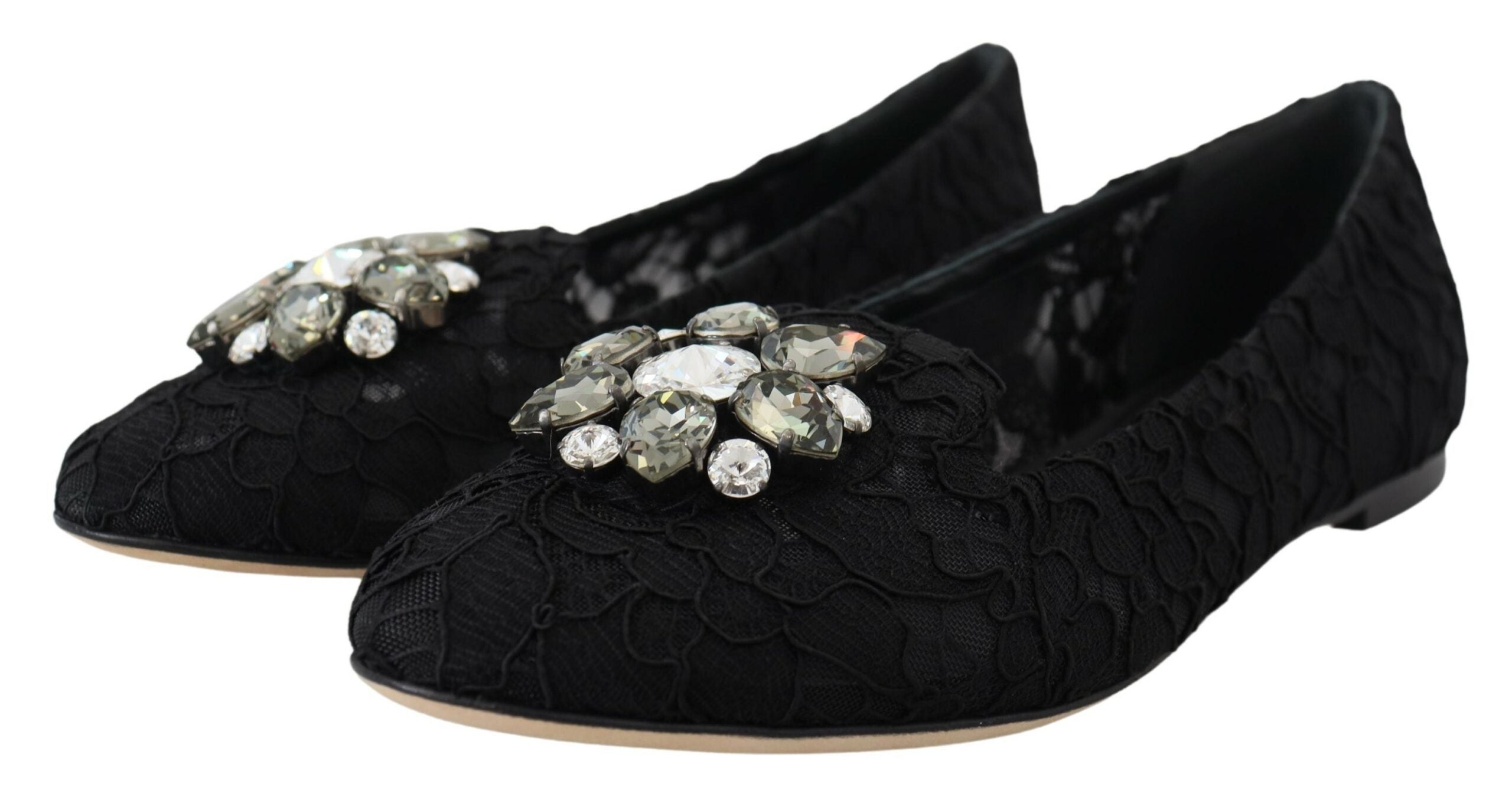 Dolce & Gabbana Black Taormina Lace Crystals Flat Shoes