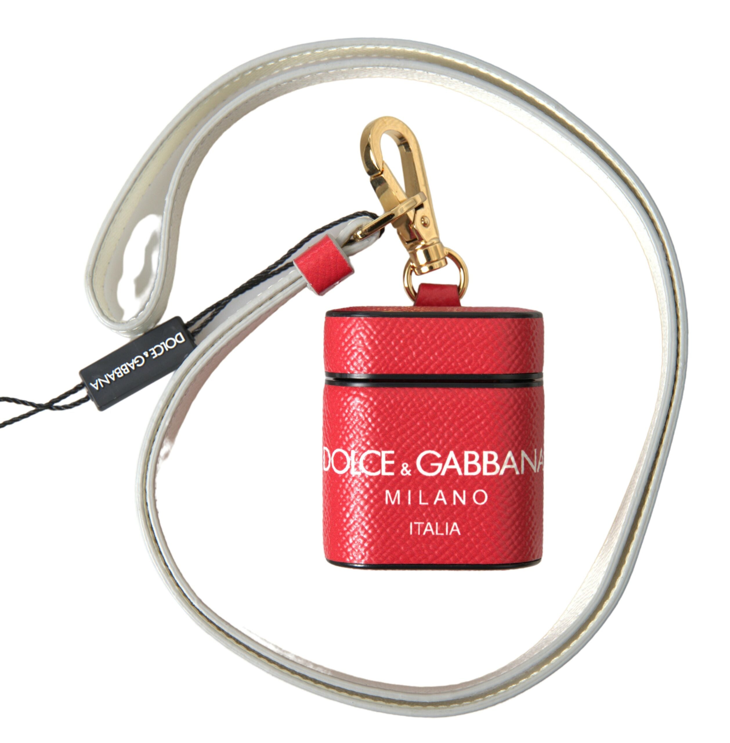 Dolce & Gabbana Rode Leren Gouden Metalen Logo Print Airpods Hoesje