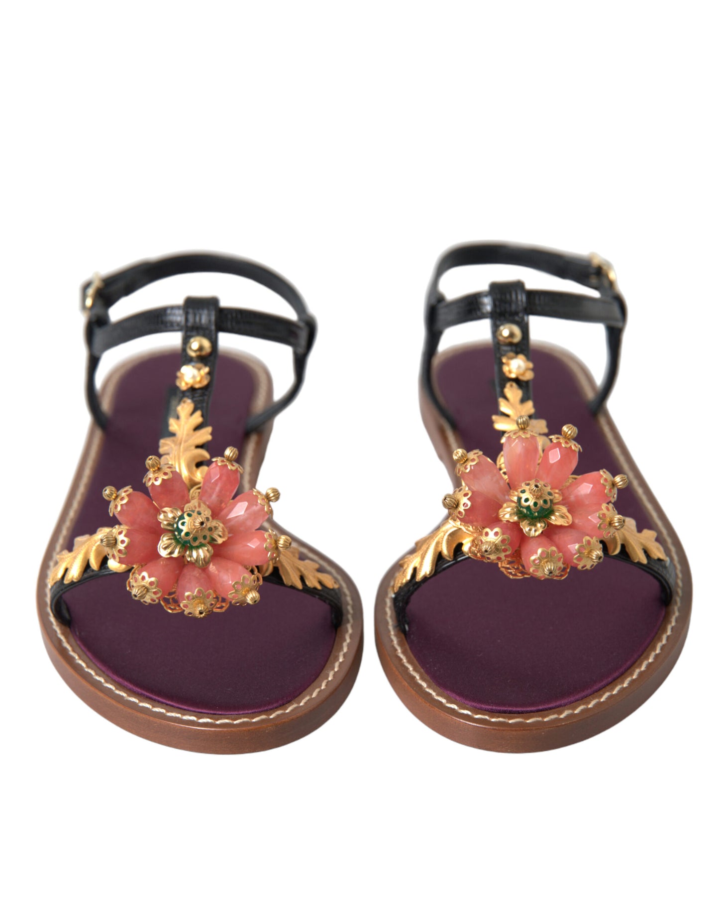 Dolce & Gabbana Zwarte Kristal Gouden Sandalen Leren Schoenen