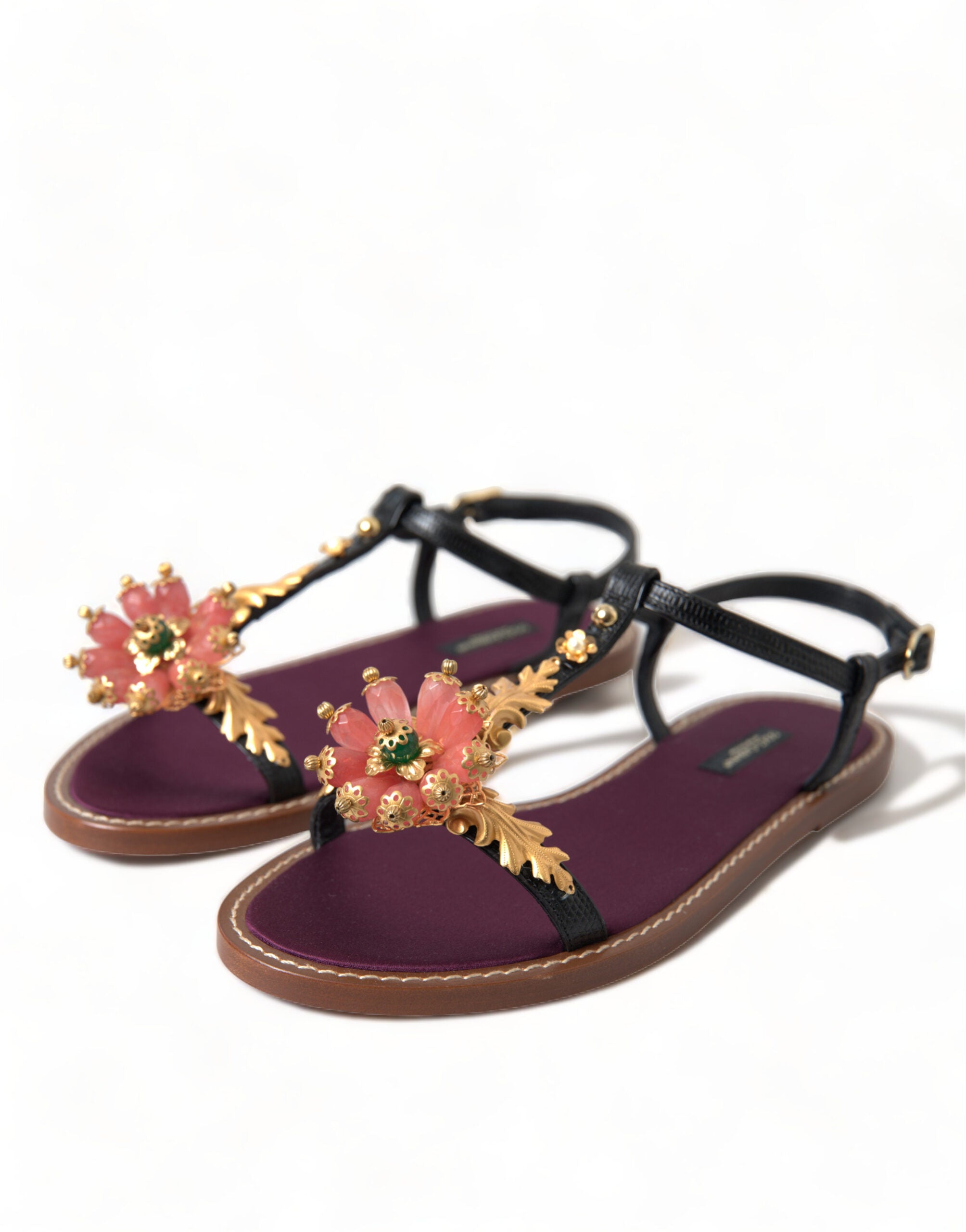 Dolce & Gabbana Zwarte Kristal Gouden Sandalen Leren Schoenen