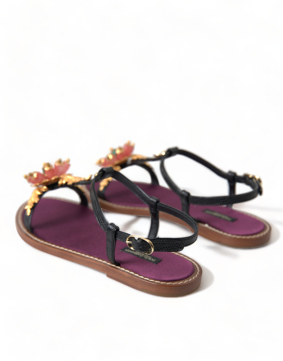 Dolce & Gabbana Zwarte Kristal Gouden Sandalen Leren Schoenen