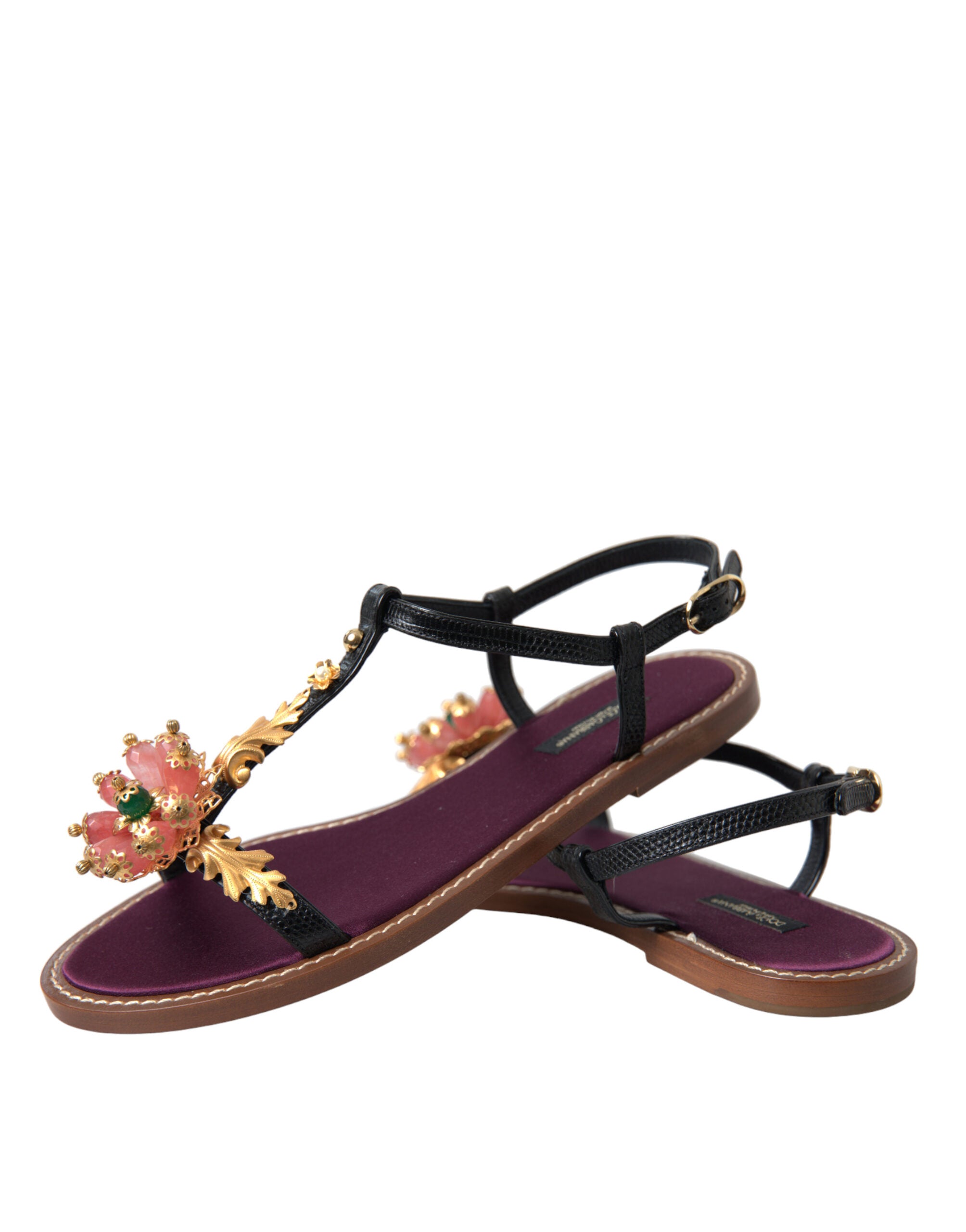 Dolce & Gabbana Zwarte Kristal Gouden Sandalen Leren Schoenen