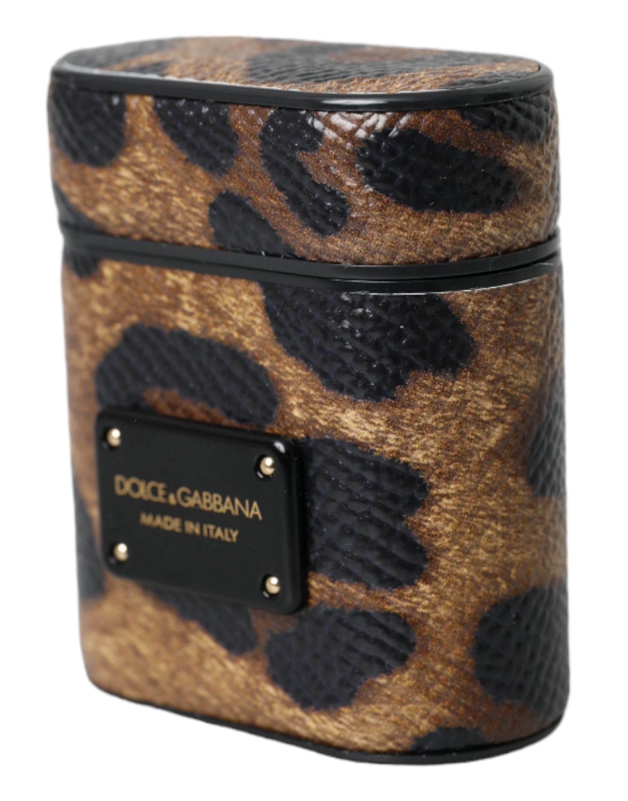 Dolce & Gabbana bruin luipaardkalfsleer metalen logo plaque Airpods hoesje