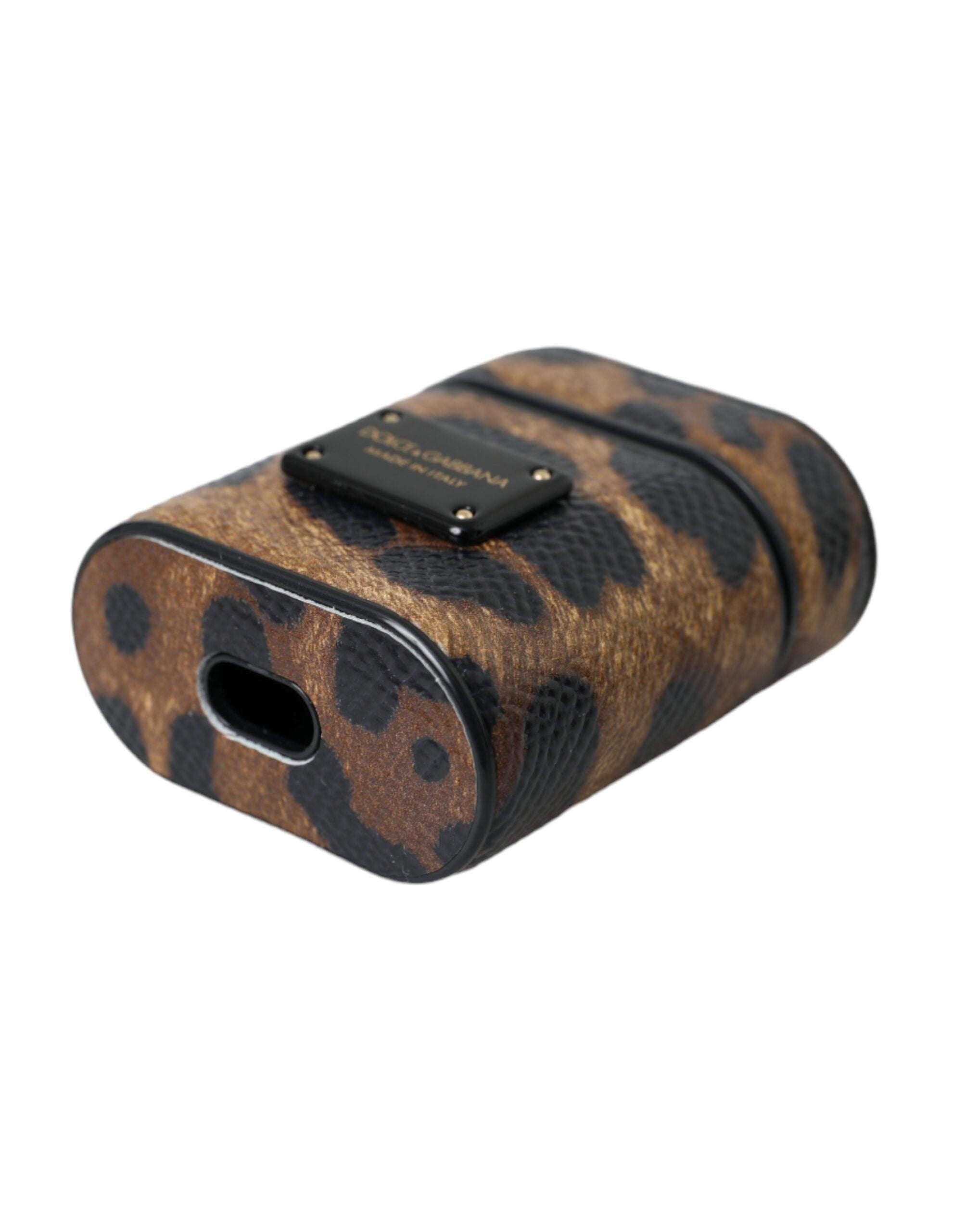 Dolce & Gabbana bruin luipaardkalfsleer metalen logo plaque Airpods hoesje