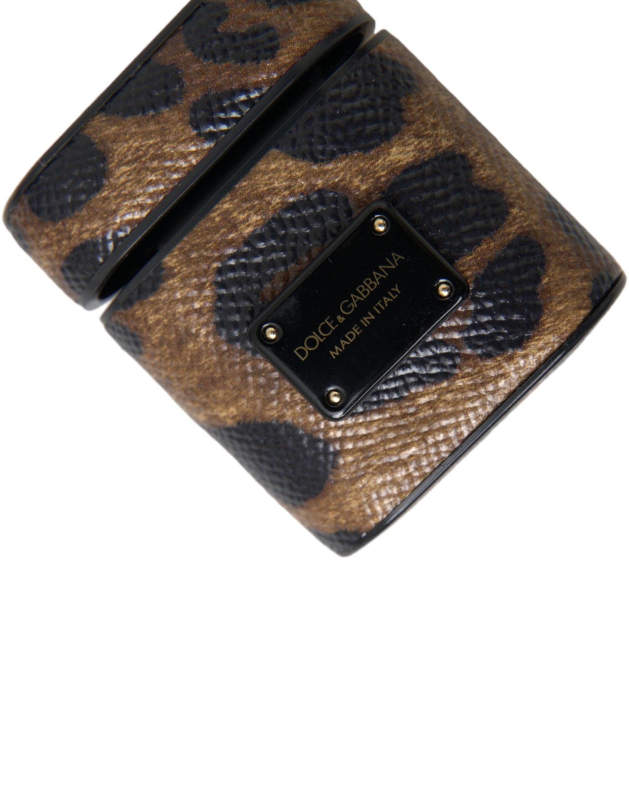 Dolce & Gabbana bruin luipaardkalfsleer metalen logo plaque Airpods hoesje