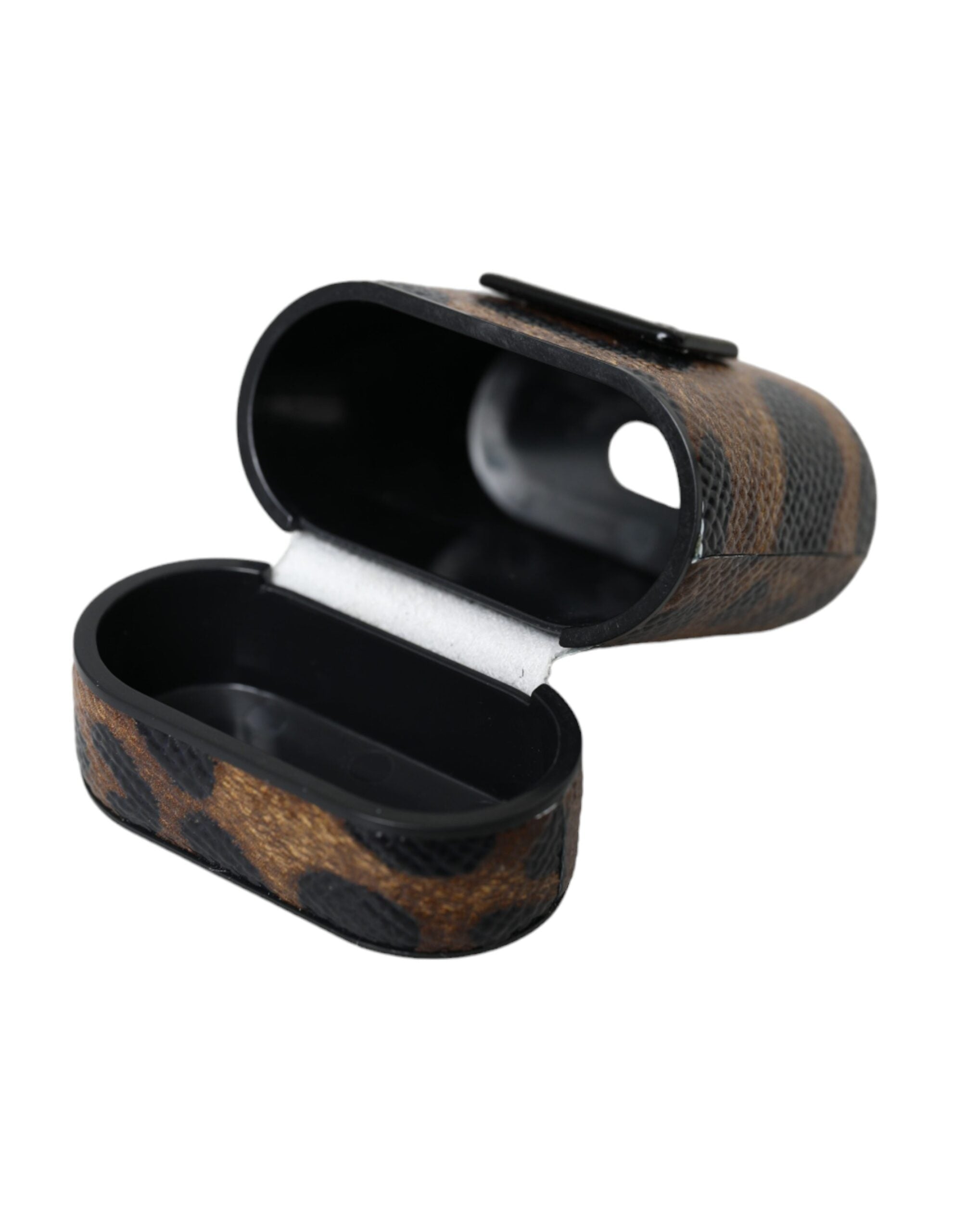 Dolce & Gabbana bruin luipaardkalfsleer metalen logo plaque Airpods hoesje