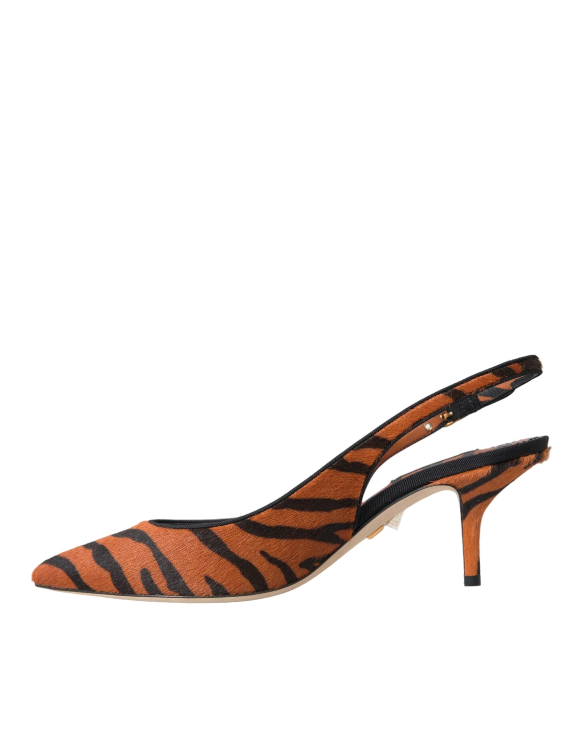 Dolce & Gabbana Black Orange Zebra Leather Slingback Shoes