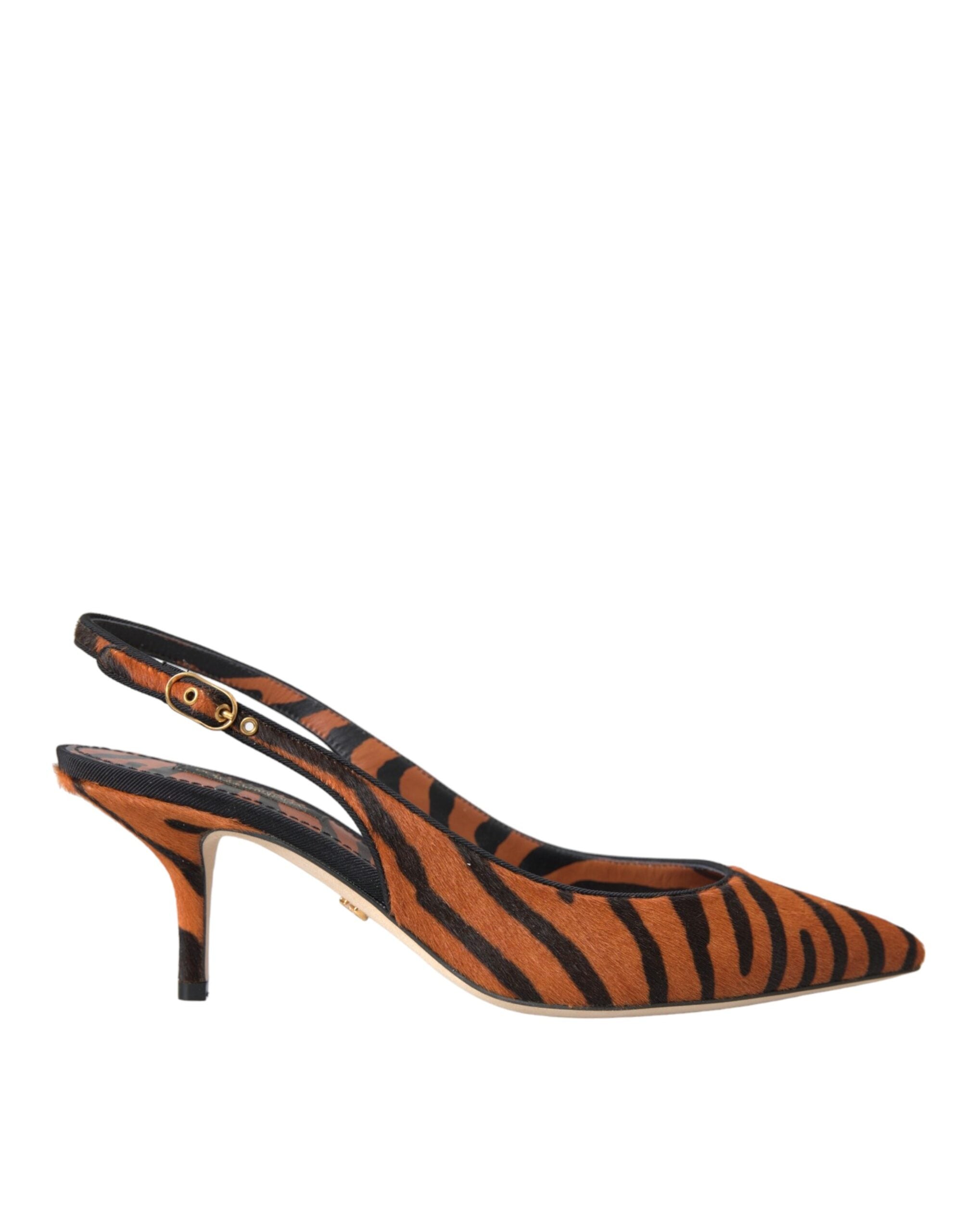 Dolce & Gabbana Black Orange Zebra Leather Slingback Shoes