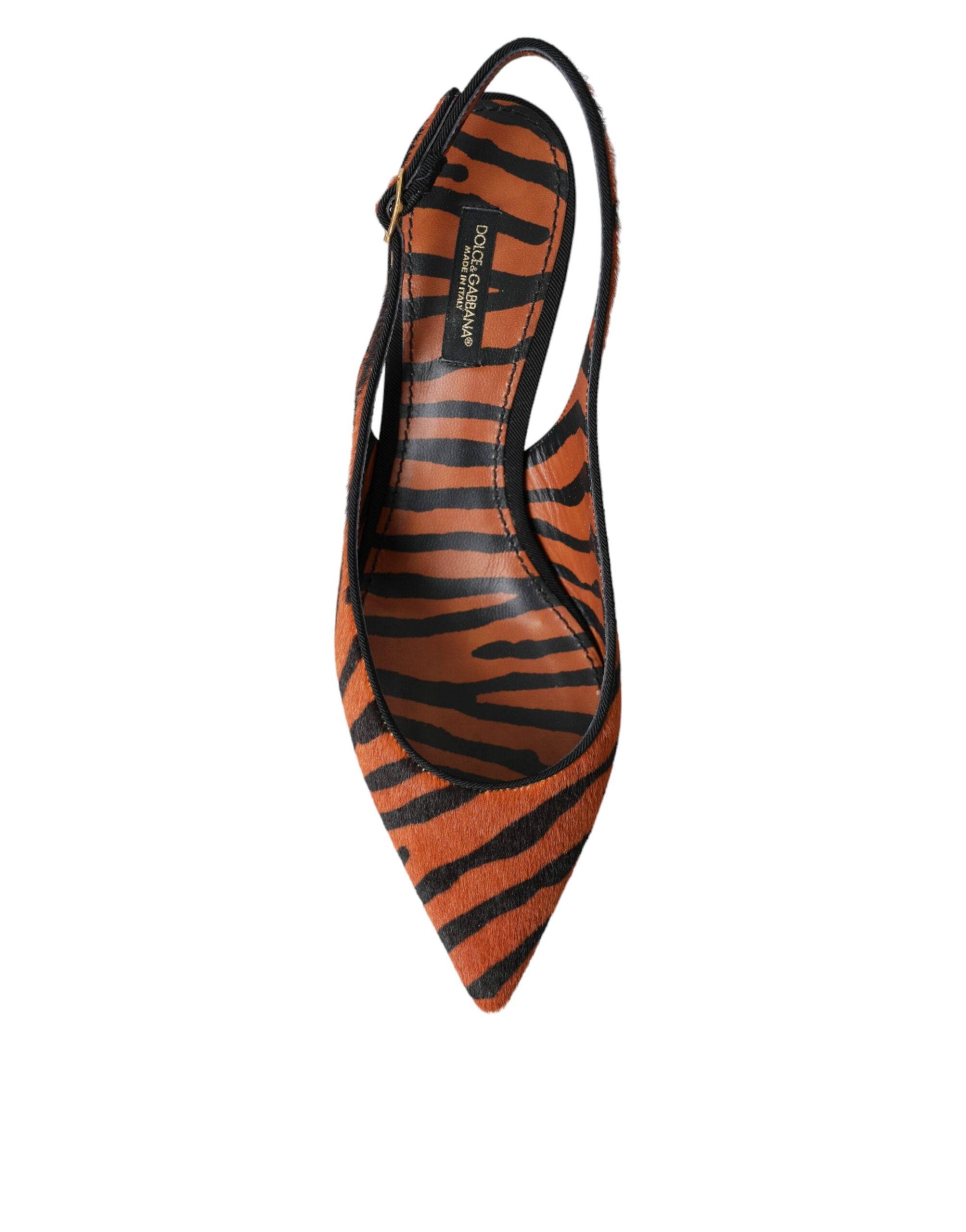 Dolce & Gabbana Black Orange Zebra Leather Slingback Shoes