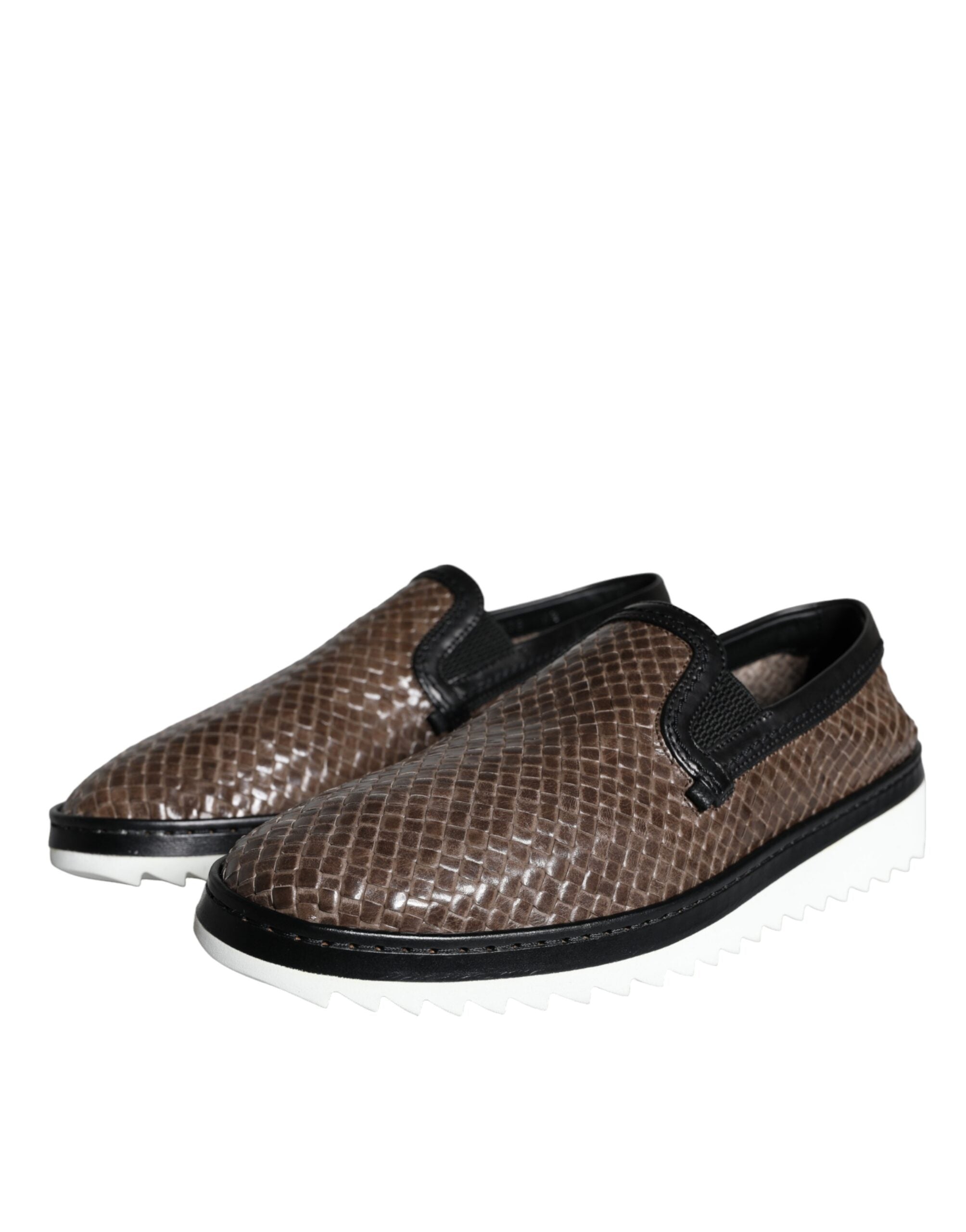 Dolce & Gabbana Bruin Zwart Geweven Leren Heren Instappers Schoenen