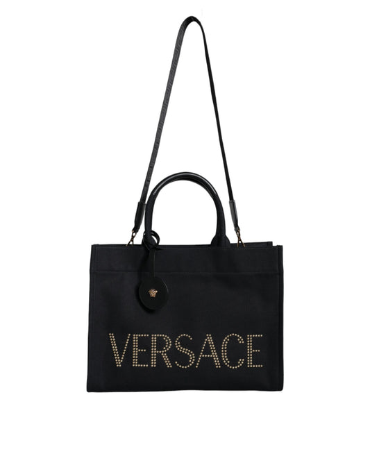 Versace Zwarte Top Handle Canvas Leren Logo Crossbody Shopper Tas