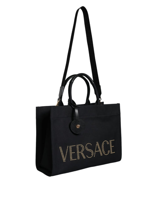 Versace Zwarte Top Handle Canvas Leren Logo Crossbody Shopper Tas