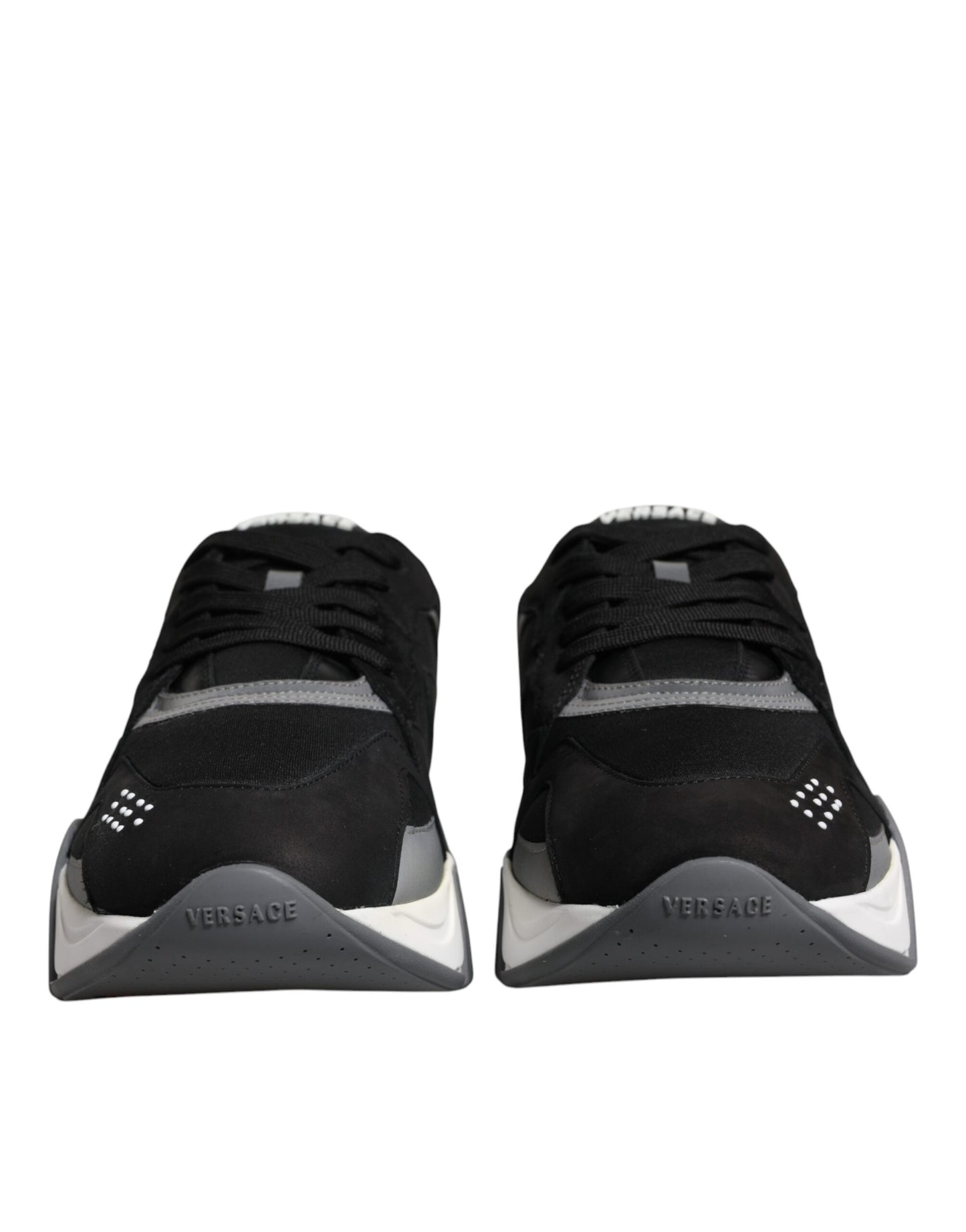 Versace Zwarte Leren Neopreen Chunky Low Top Sneakers Squalo Schoenen