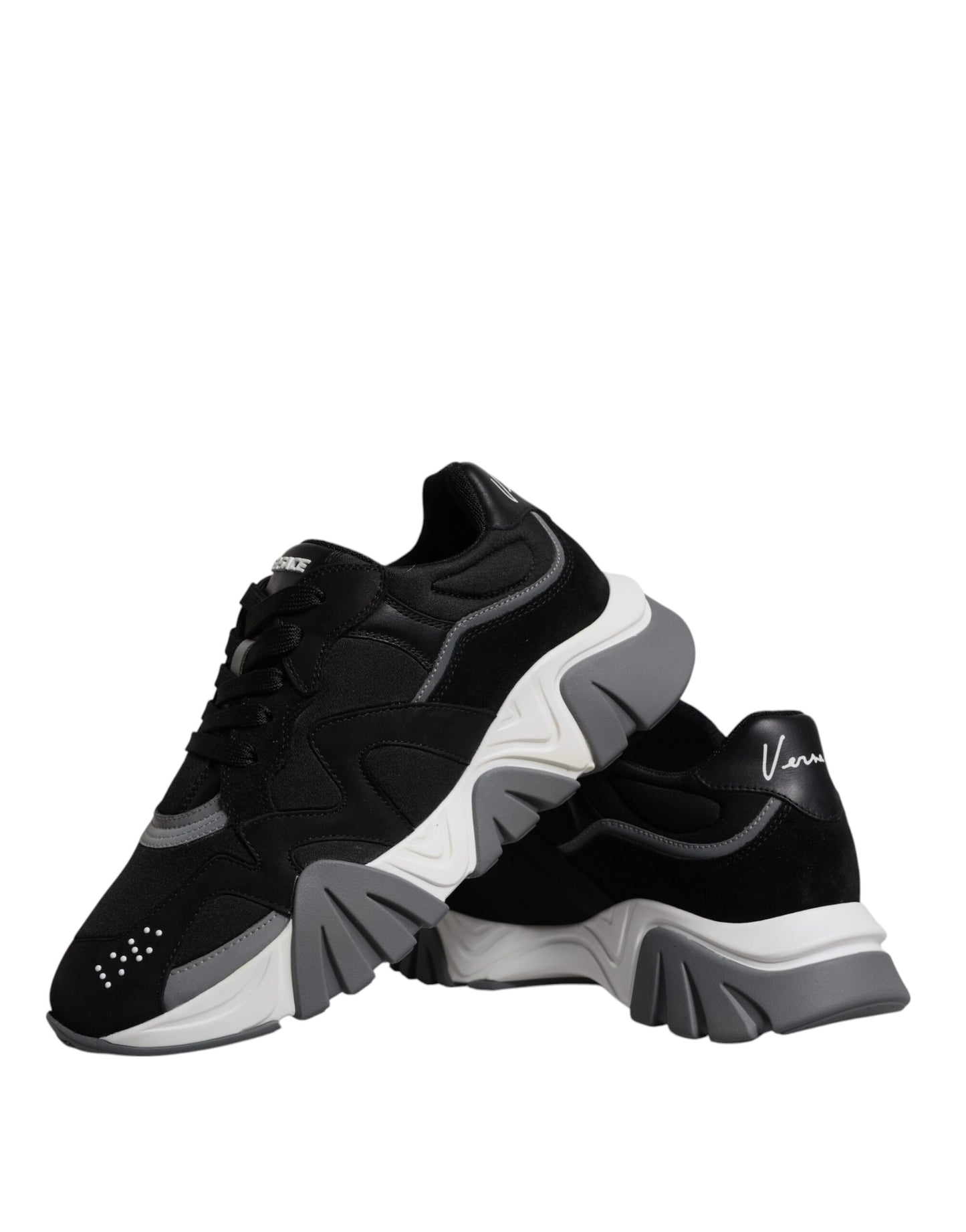 Versace Zwarte Leren Neopreen Chunky Low Top Sneakers Squalo Schoenen