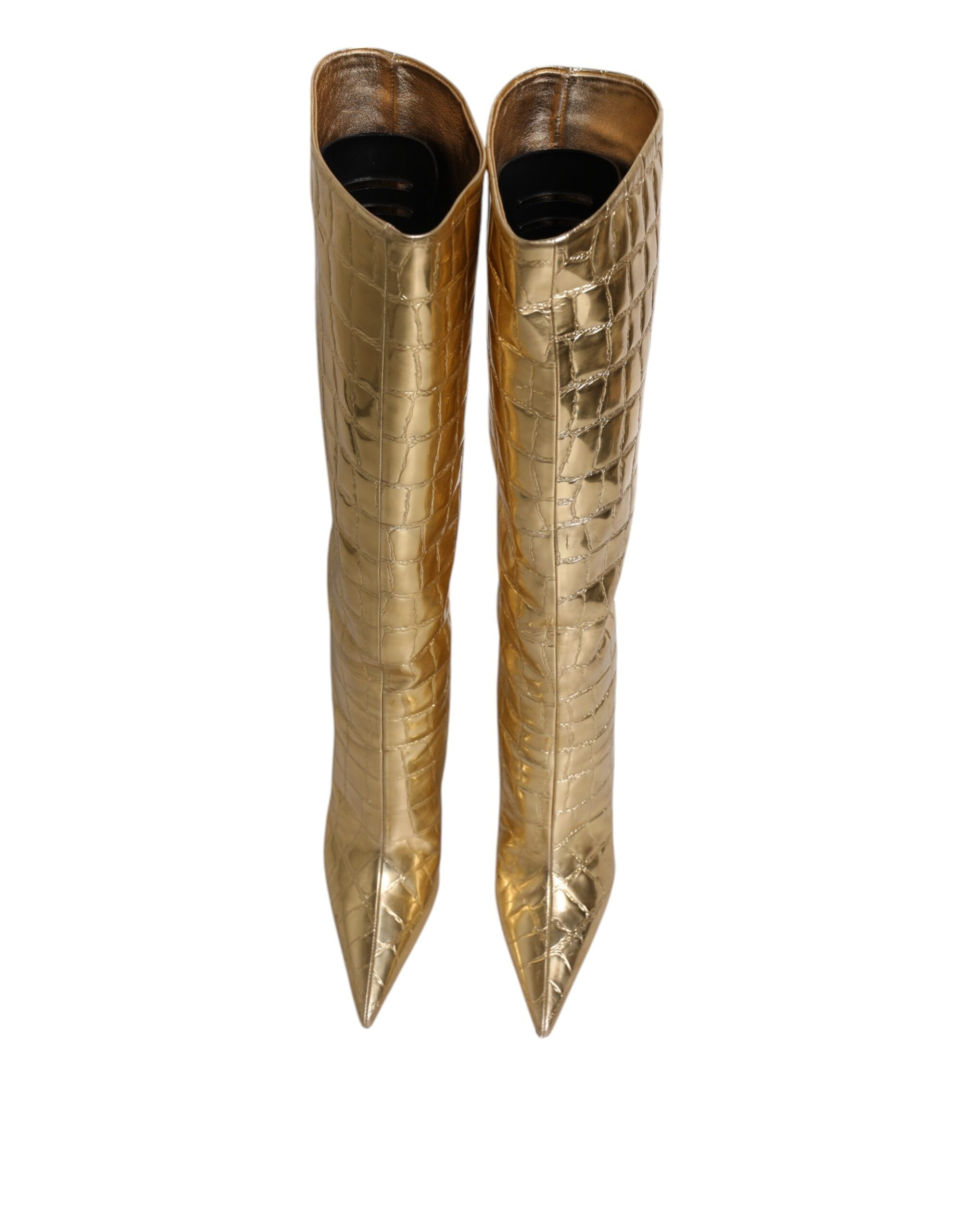Dolce & Gabbana Gold Leather Stiletto Heel High Boots Shoes